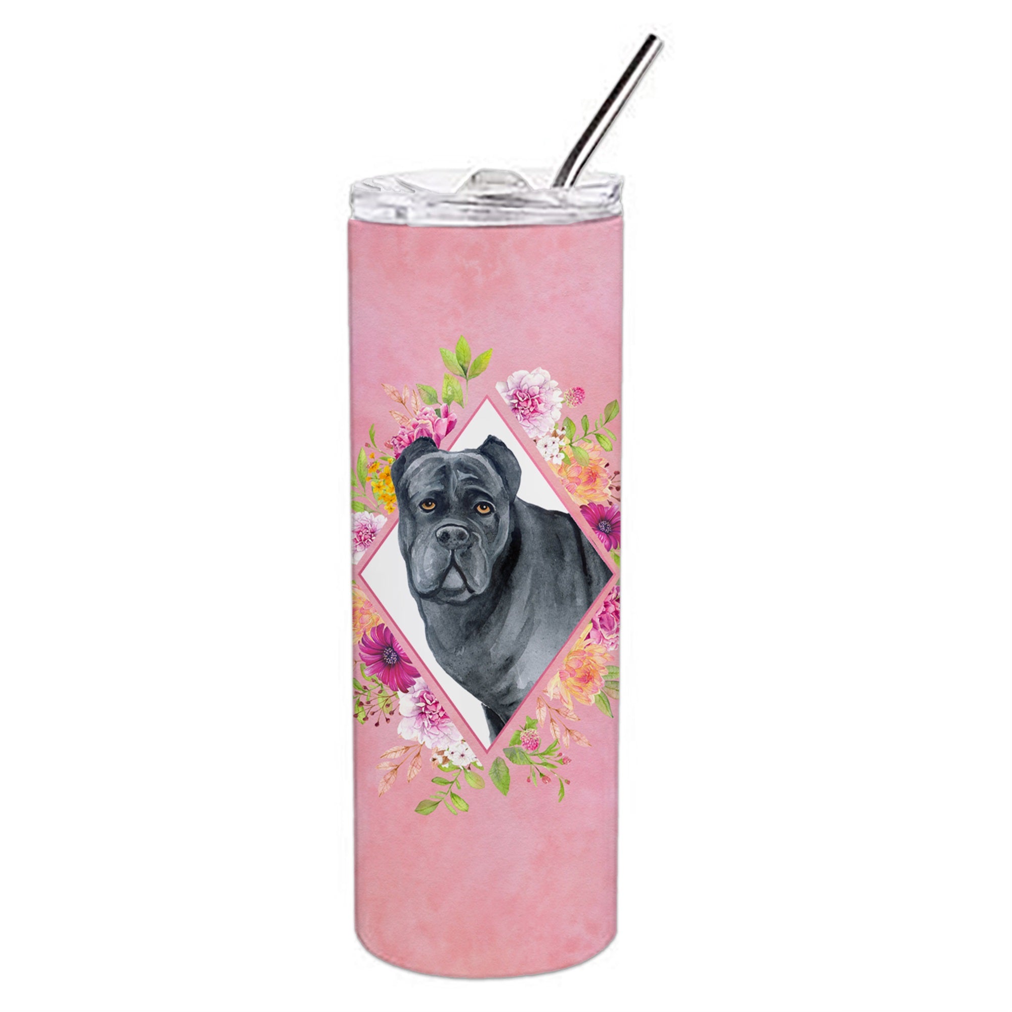 Cane Corso Pink Flowers Double Walled Stainless Steel 20 Oz Skinny Tumbler