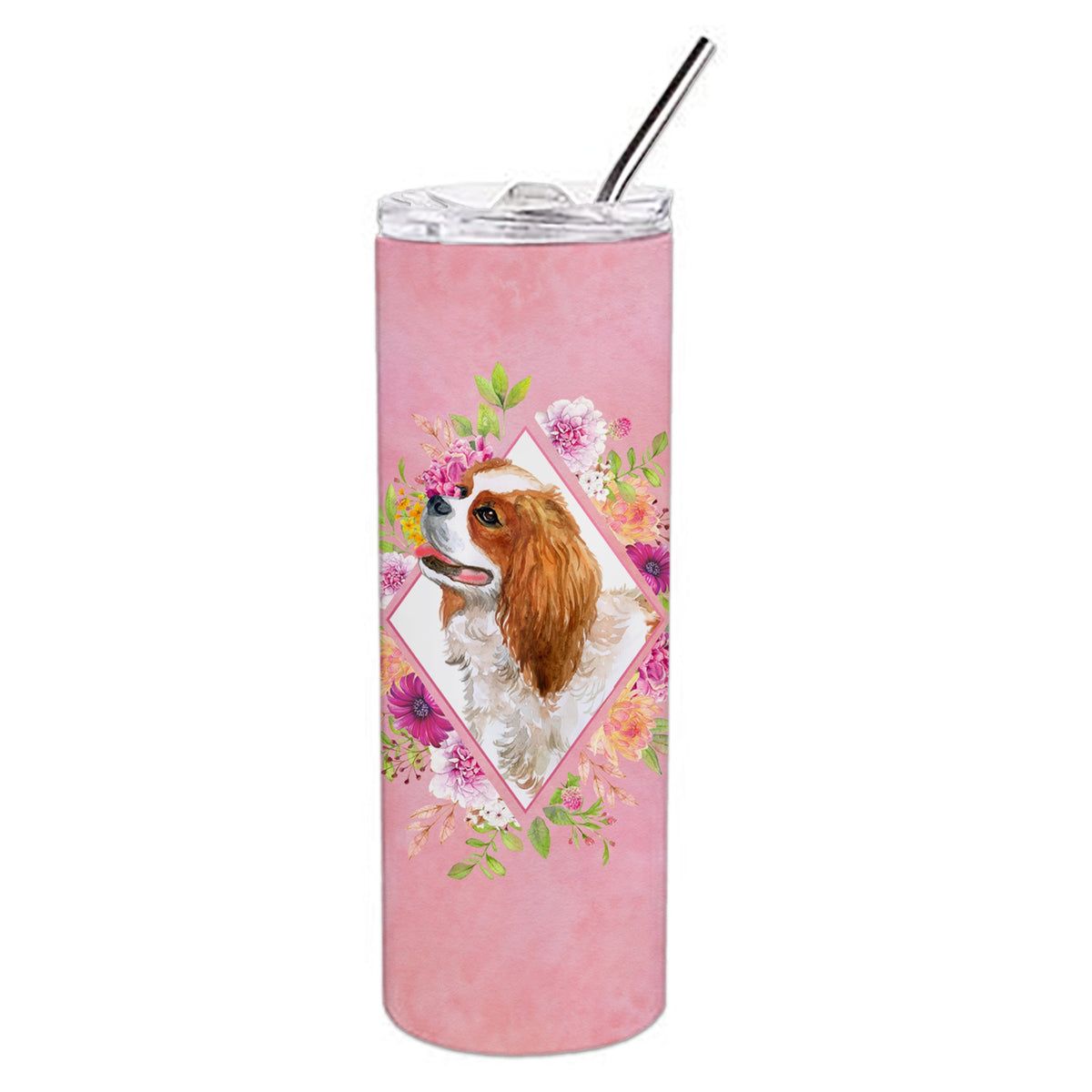 Cavalier King Charles Spaniel Pink Flowers Double Walled Stainless Steel 20 Oz Skinny Tumbler