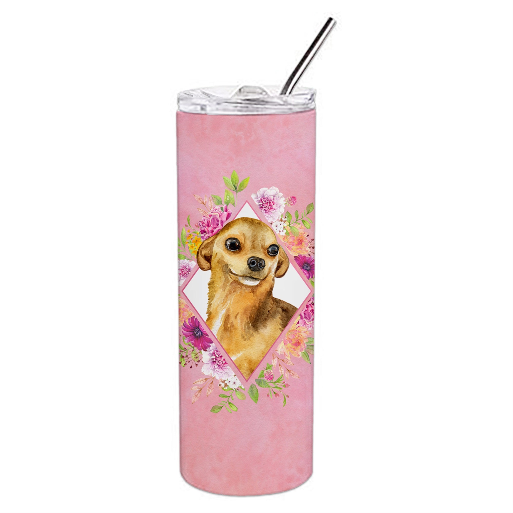 Chihuahua #1 Pink Flowers Double Walled Stainless Steel 20 Oz Skinny Tumbler
