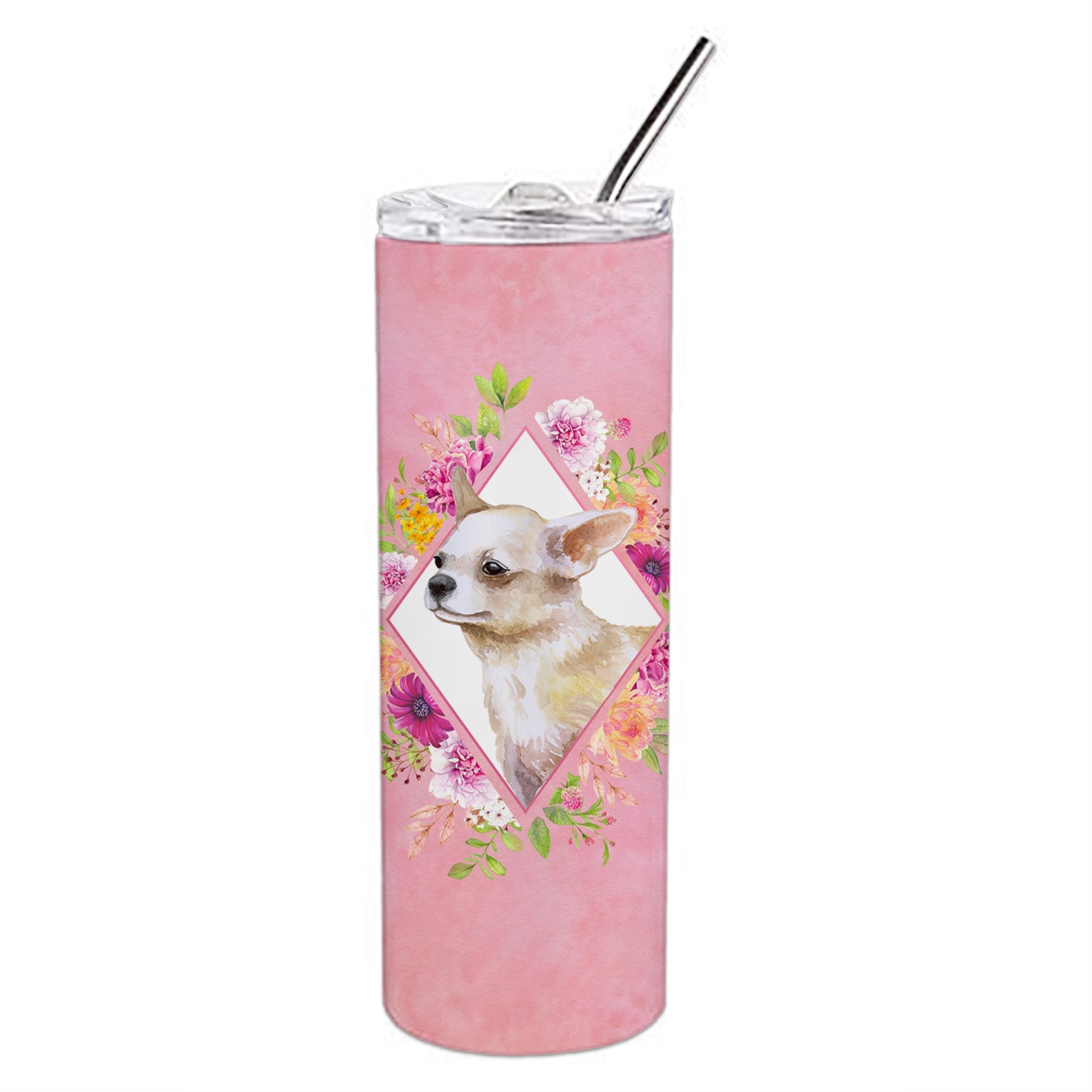 Chihuahua #2 Pink Flowers Double Walled Stainless Steel 20 Oz Skinny Tumbler