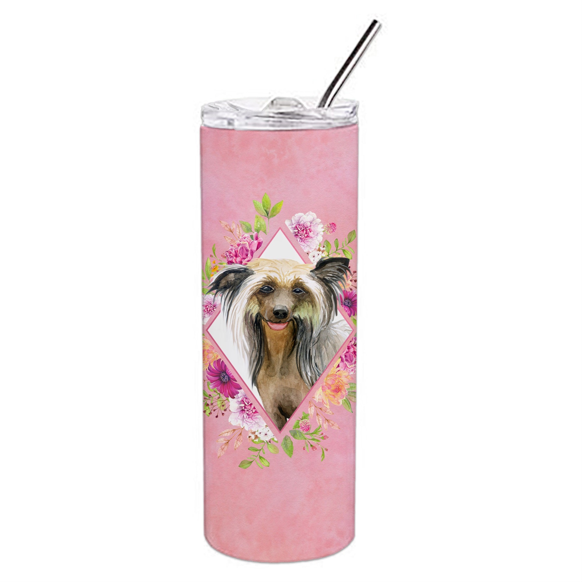 Chinese Crested Pink Flowers Double Walled Stainless Steel 20 Oz Skinny Tumbler