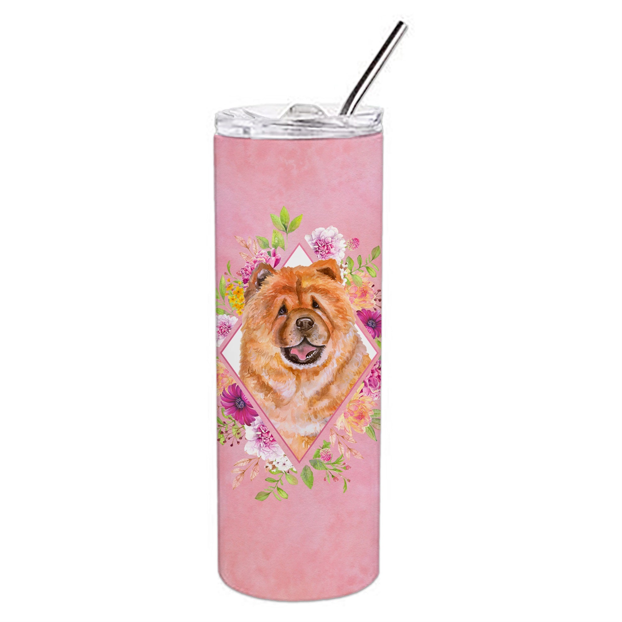 Chow Chow #1 Pink Flowers Double Walled Stainless Steel 20 Oz Skinny Tumbler