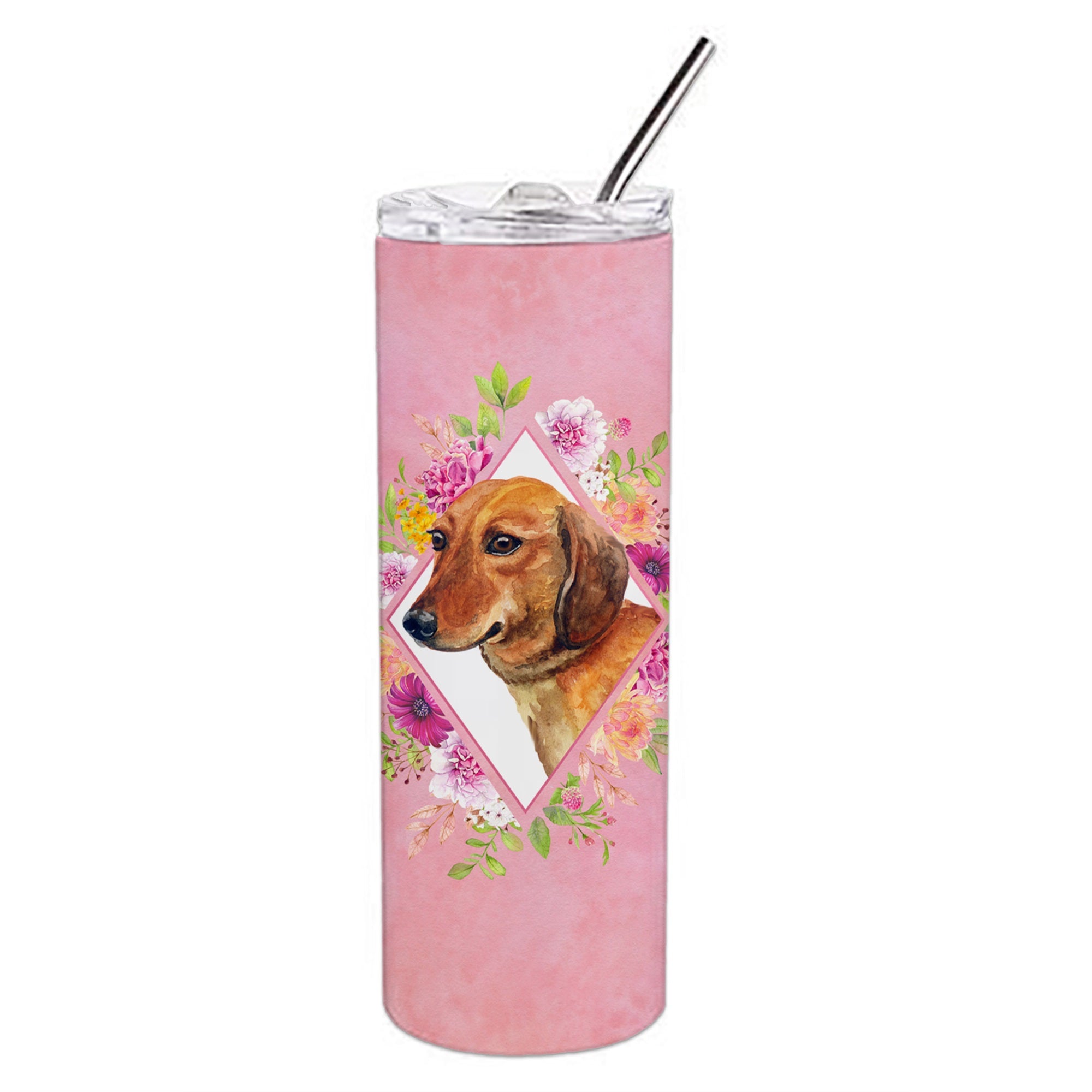 Dachshund Red #1 Pink Flowers Double Walled Stainless Steel 20 Oz Skinny Tumbler