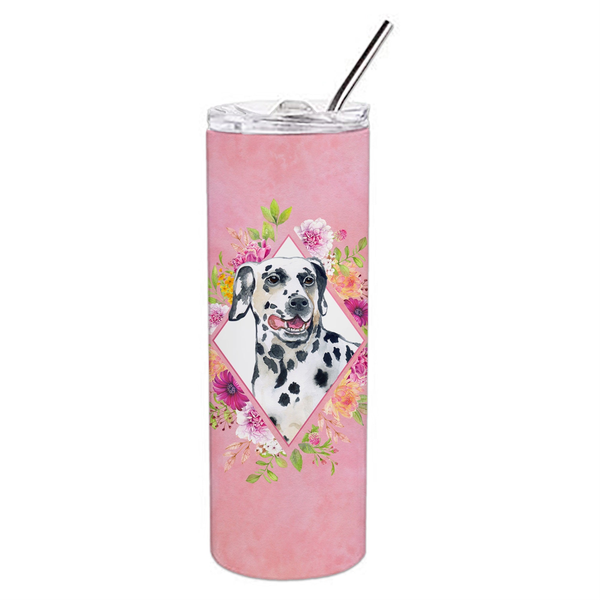 Dalmatian Pink Flowers Double Walled Stainless Steel 20 Oz Skinny Tumbler