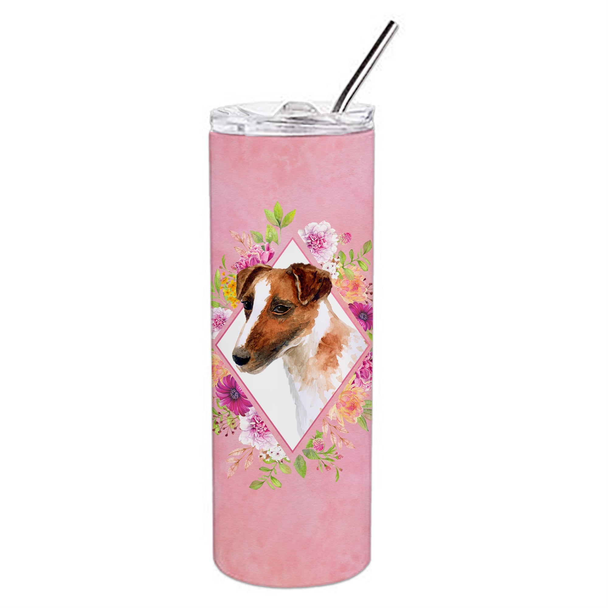Jack Russell Terrier Pink Flowers Double Walled Stainless Steel 20 Oz Skinny Tumbler