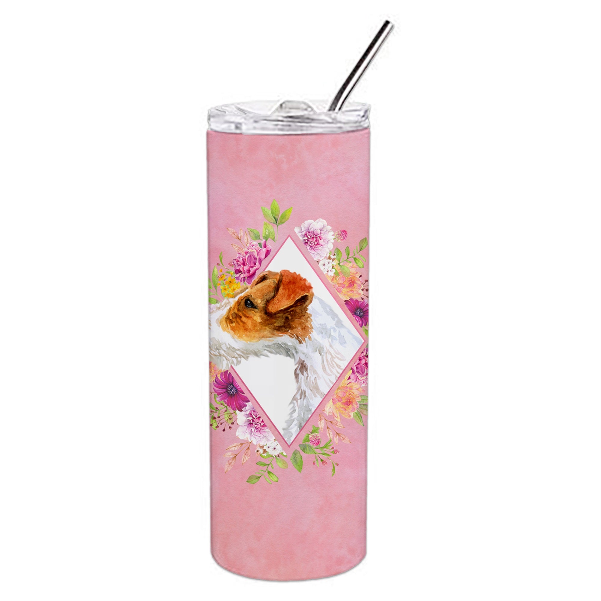 Jack Russell Terrier #2 Pink Flowers Double Walled Stainless Steel 20 Oz Skinny Tumbler