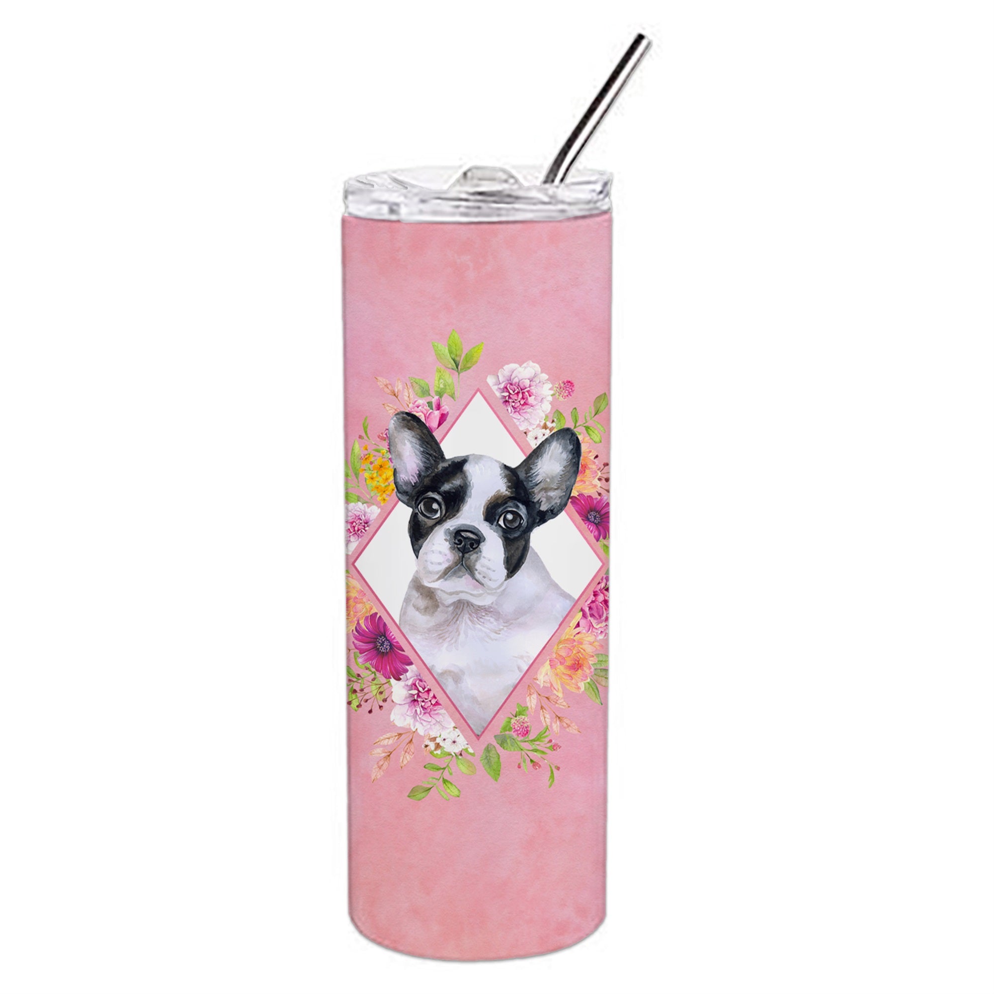 French Bulldog Pink Flowers Double Walled Stainless Steel 20 Oz Skinny Tumbler