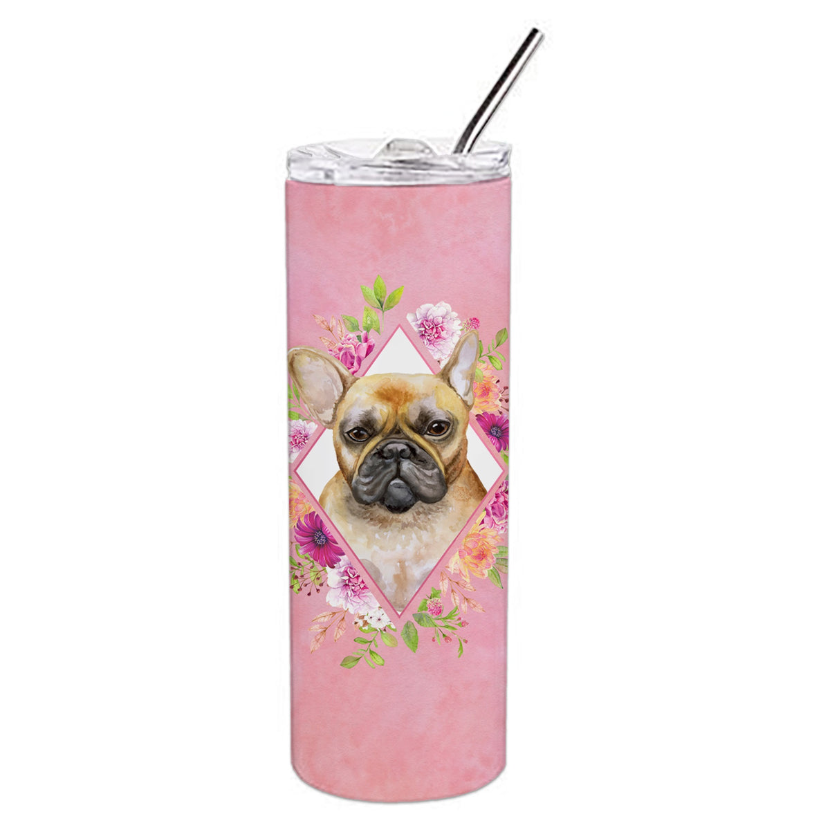 Fawn French Bulldog Pink Flowers Double Walled Stainless Steel 20 Oz Skinny Tumbler