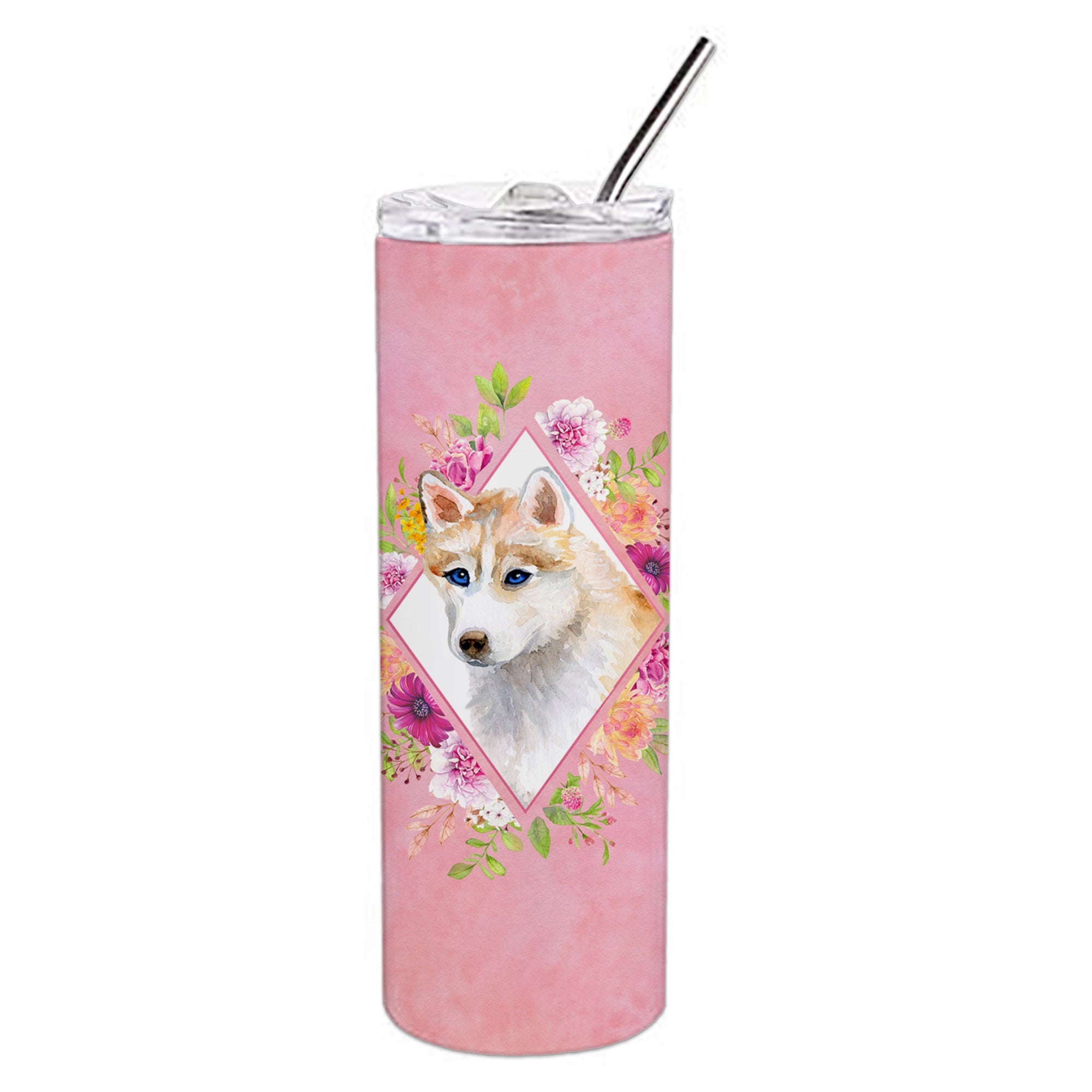 Red Siberian Husky Pink Flowers Double Walled Stainless Steel 20 Oz Skinny Tumbler