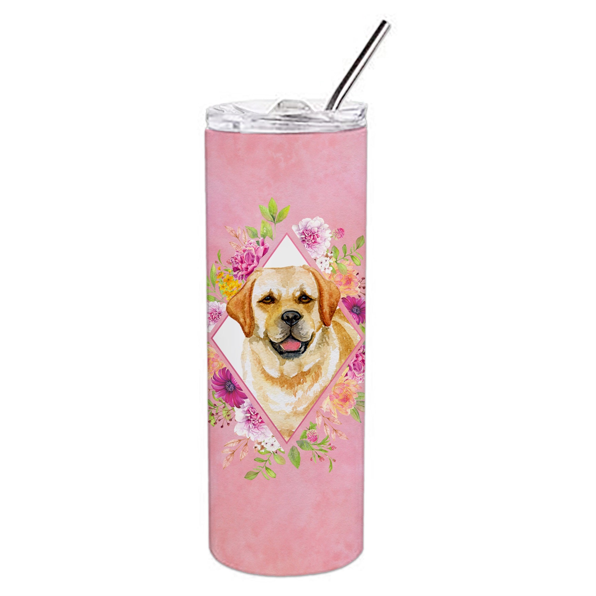 Golden Retriever Pink Flowers Double Walled Stainless Steel 20 Oz Skinny Tumbler