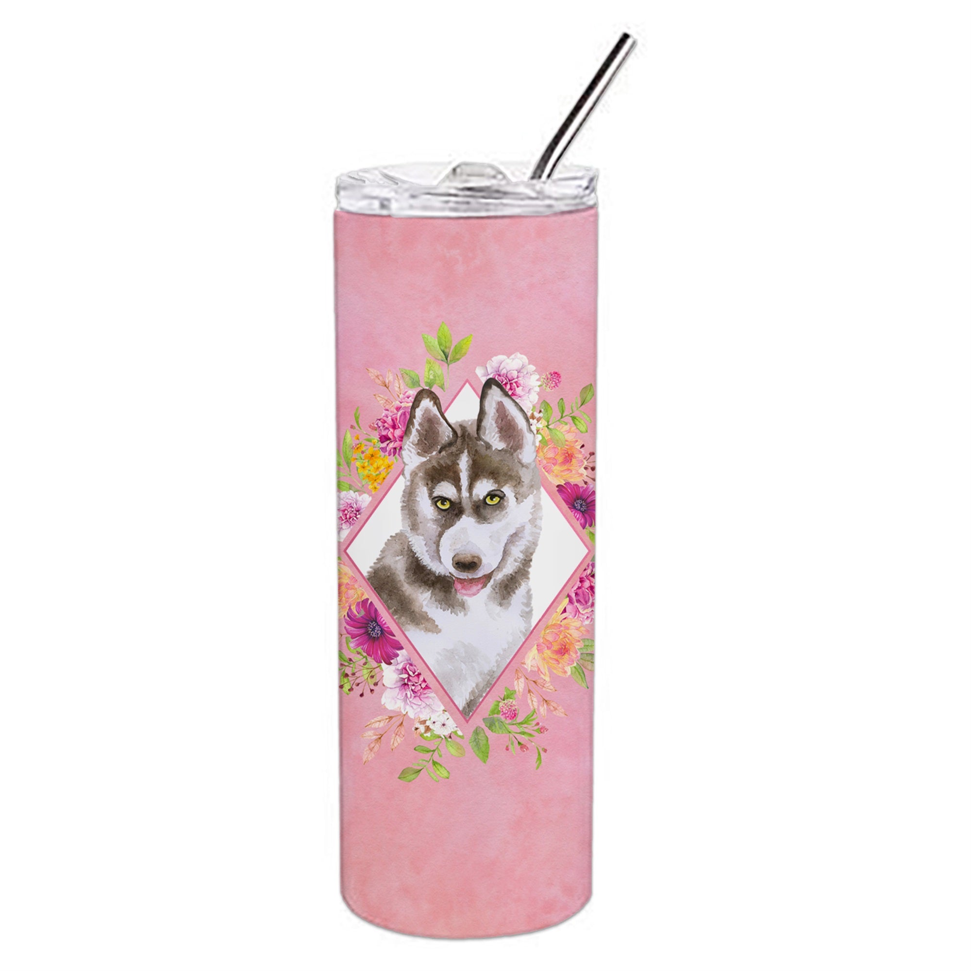 Siberian Husky #2 Pink Flowers Double Walled Stainless Steel 20 Oz Skinny Tumbler