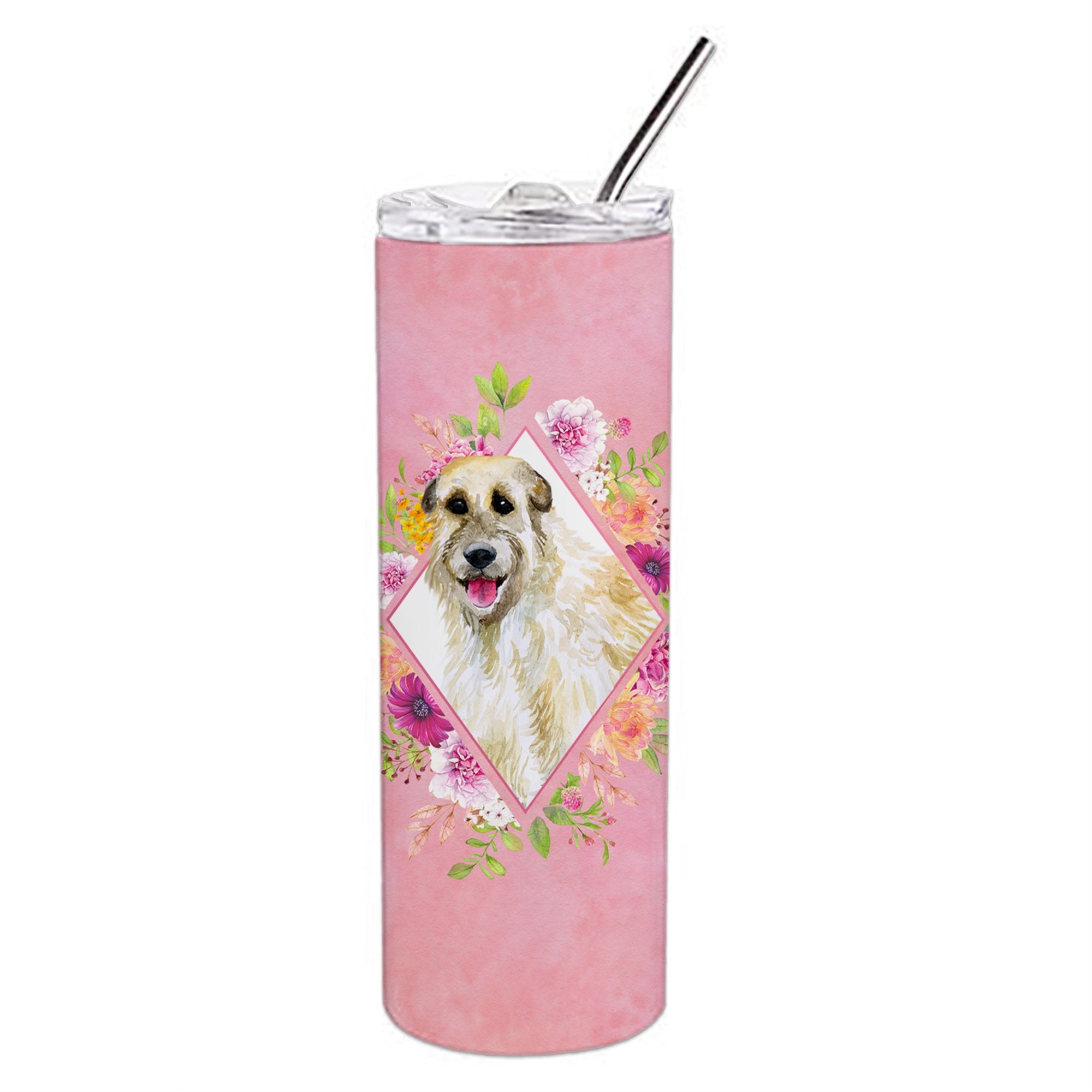 Irish Wolfhound Pink Flowers Double Walled Stainless Steel 20 Oz Skinny Tumbler
