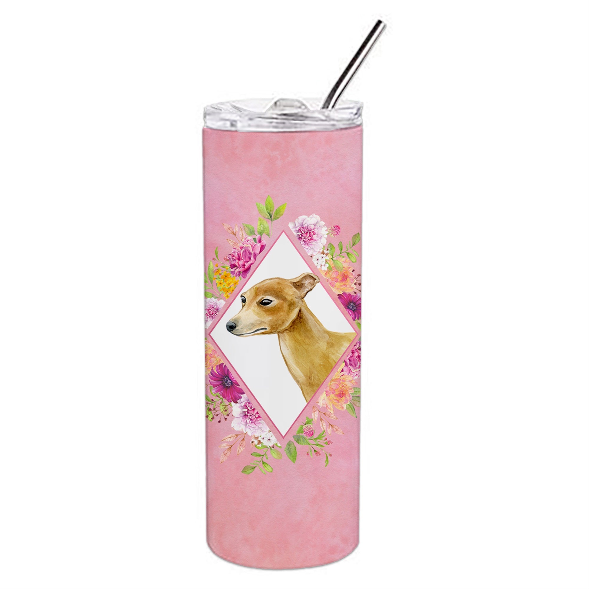 Italian Greyhound Pink Flowers Double Walled Stainless Steel 20 Oz Skinny Tumbler