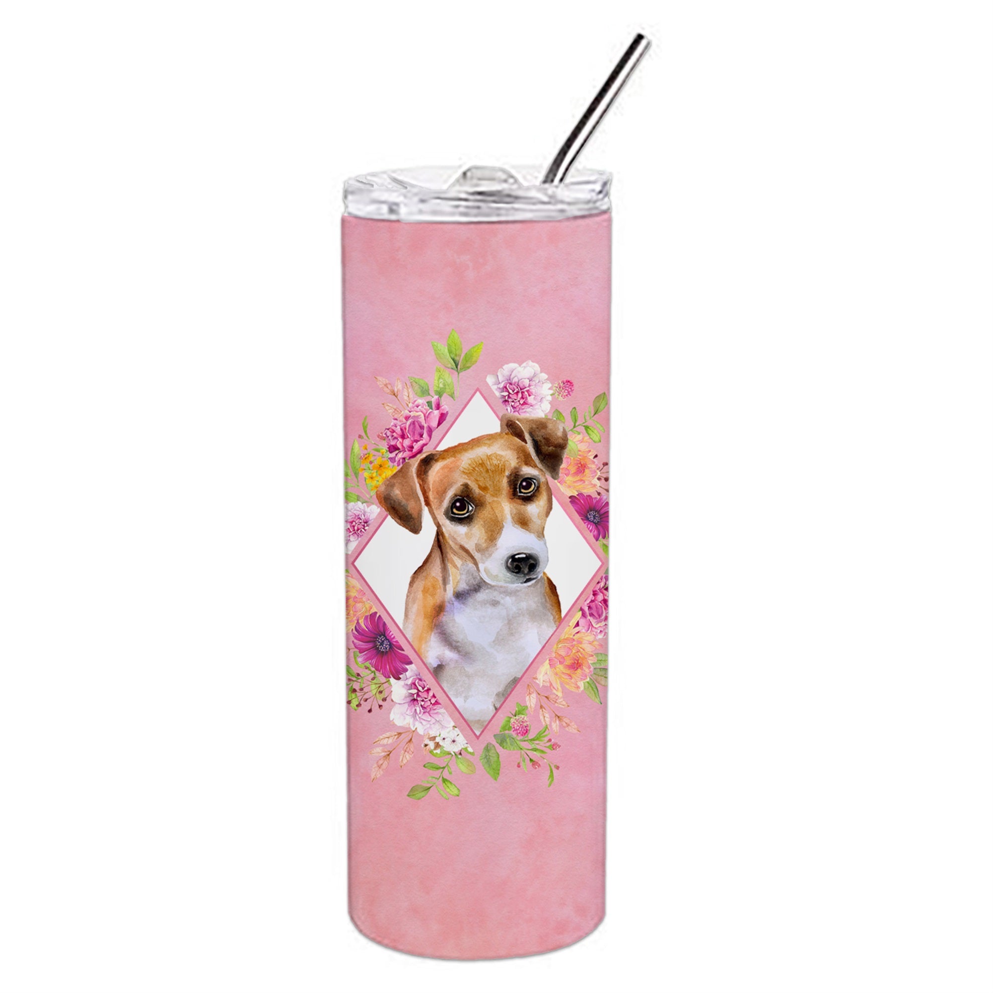 Jack Russell Terrier #1 Pink Flowers Double Walled Stainless Steel 20 Oz Skinny Tumbler