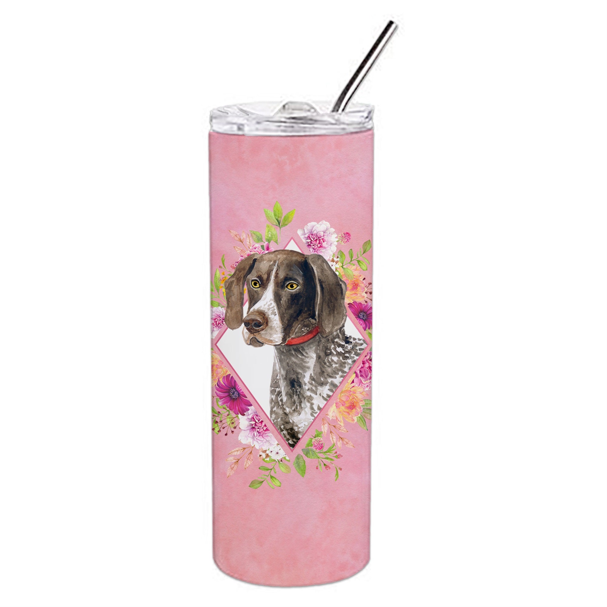 German Shorthaired Pointer Pink Flowers Double Walled Stainless Steel 20 Oz Skinny Tumbler