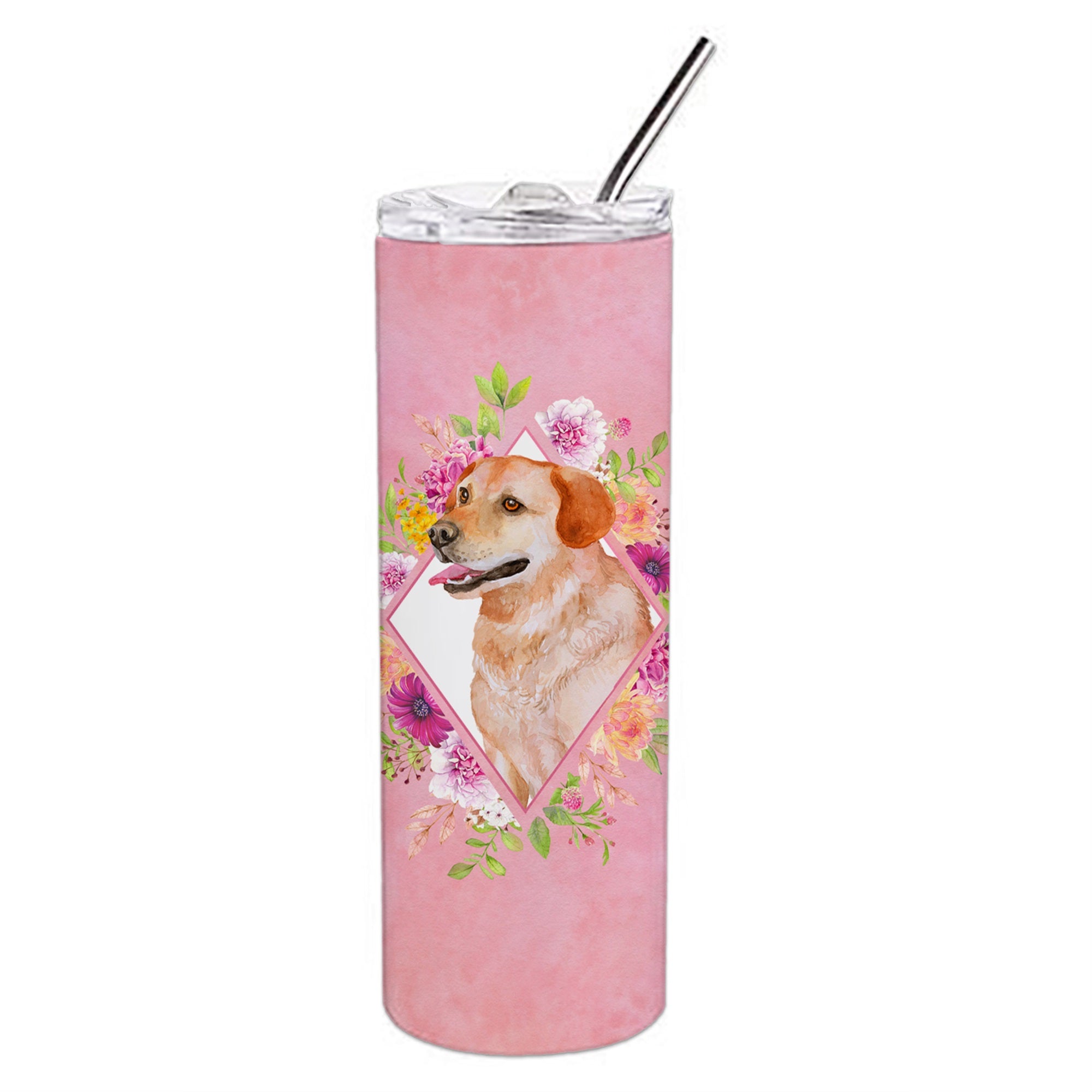 Yellow Labrador Retriever Pink Flowers Double Walled Stainless Steel 20 Oz Skinny Tumbler