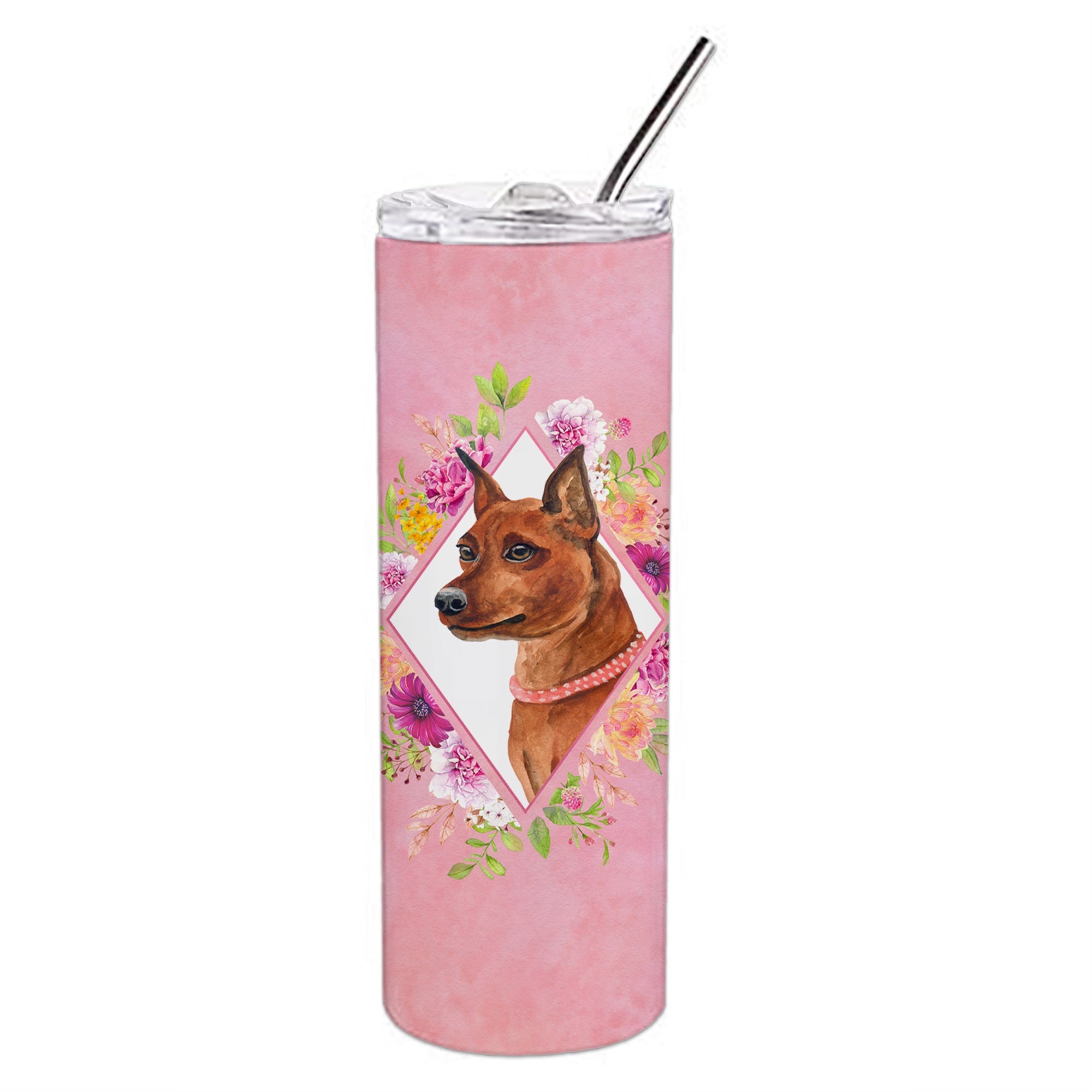 Miniature Pinscher Pink Flowers Double Walled Stainless Steel 20 Oz Skinny Tumbler