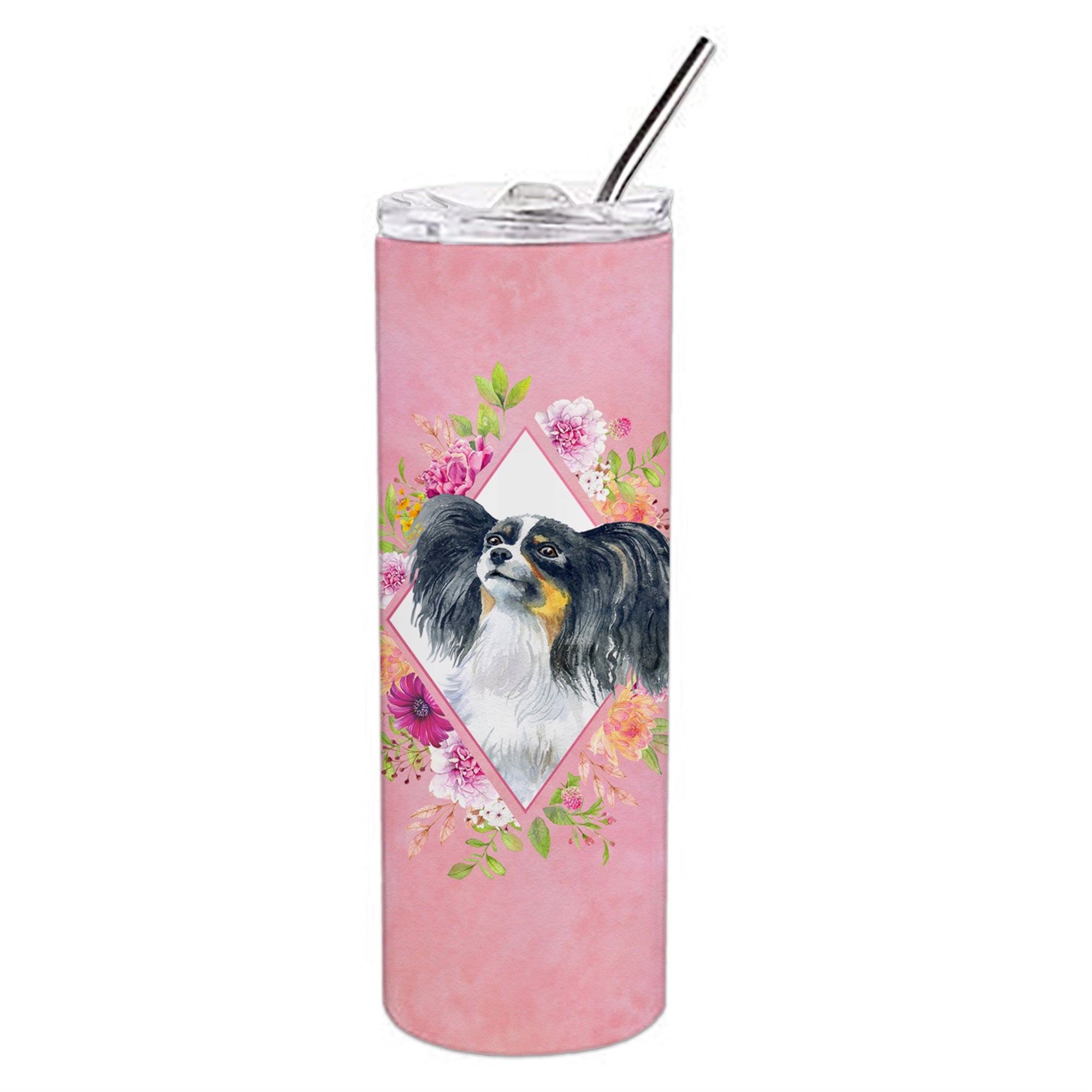 Papillon Pink Flowers Double Walled Stainless Steel 20 Oz Skinny Tumbler