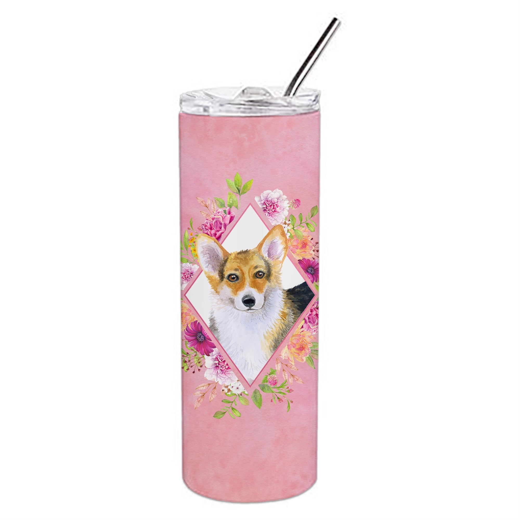 Corgi Pink Flowers Double Walled Stainless Steel 20 Oz Skinny Tumbler