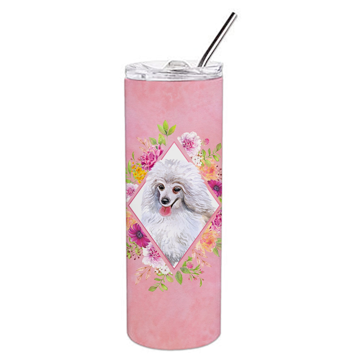 White Mini Poodle Pink Flowers Double Walled Stainless Steel 20 Oz Skinny Tumbler