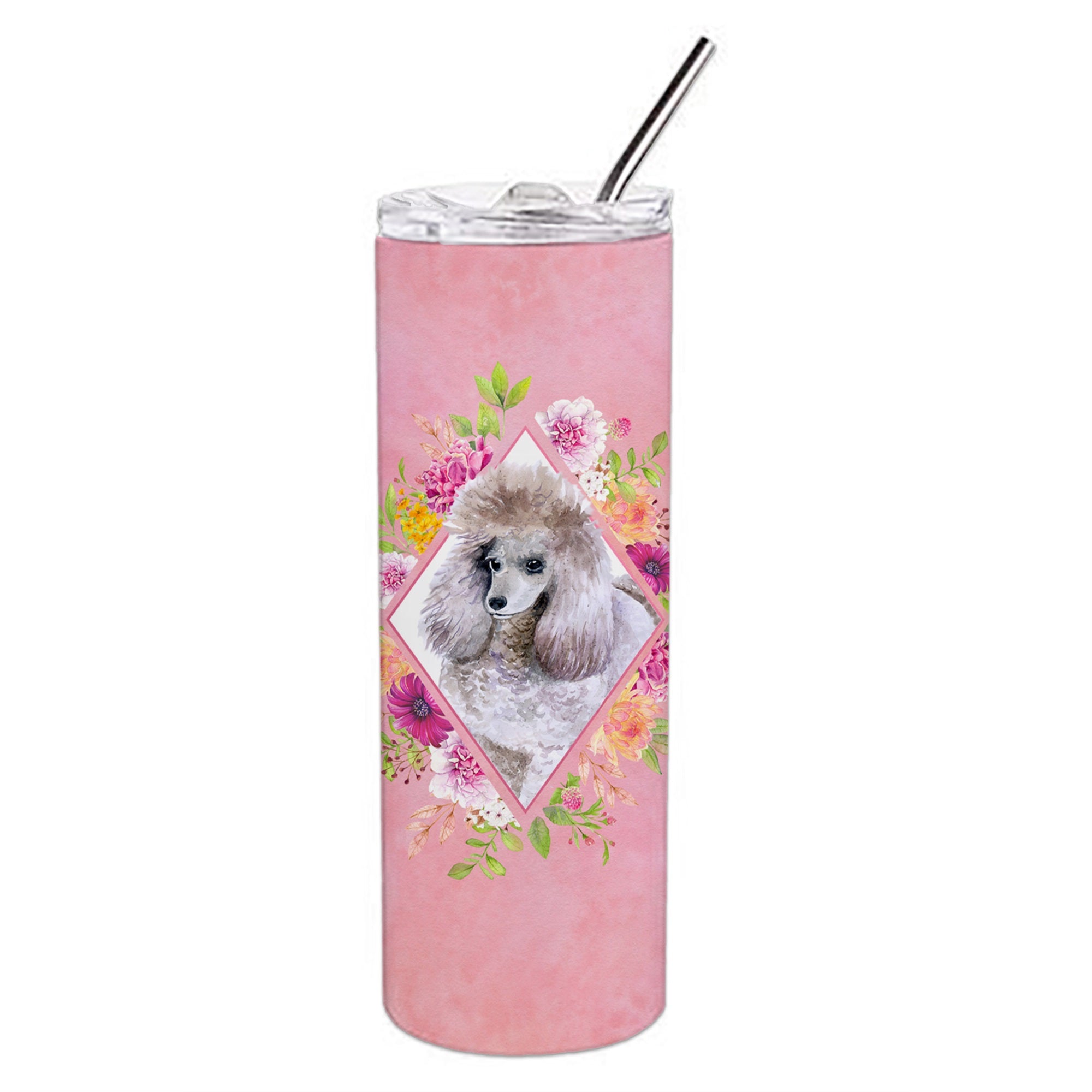 Standard Grey Poodle Pink Flowers Double Walled Stainless Steel 20 Oz Skinny Tumbler