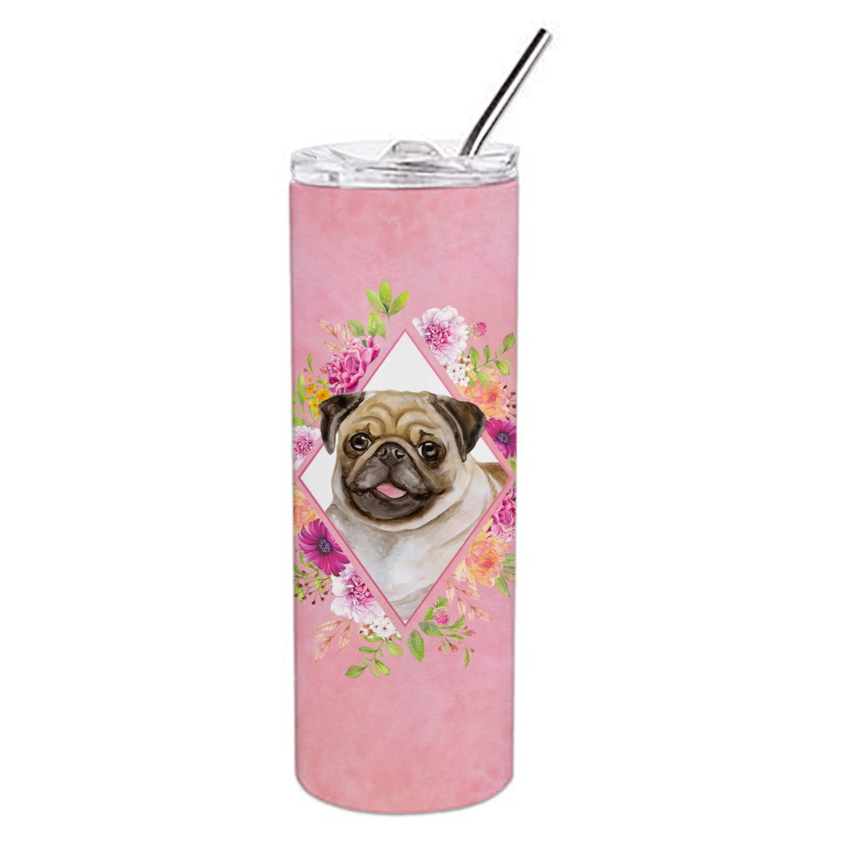 Fawn Pug Pink Flowers Double Walled Stainless Steel 20 Oz Skinny Tumbler