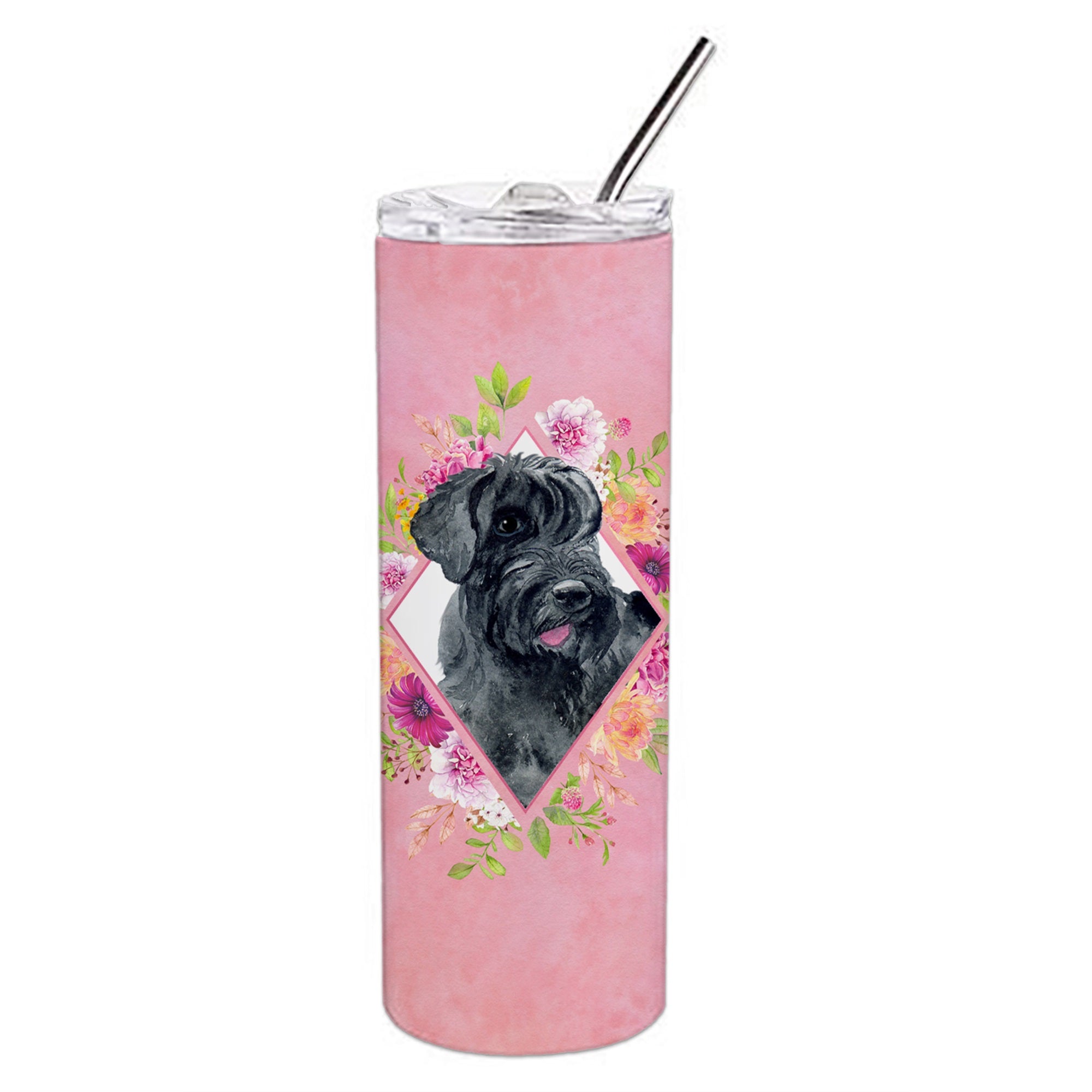 Giant Schnauzer Pink Flowers Double Walled Stainless Steel 20 Oz Skinny Tumbler