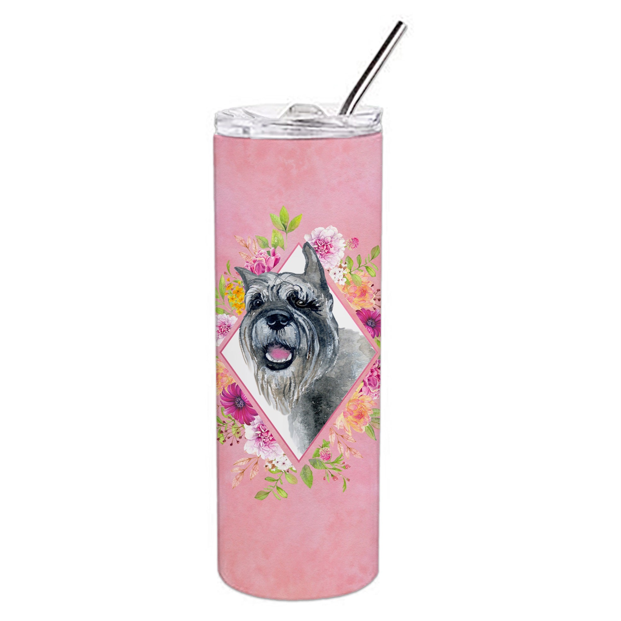 Schnauzer Pink Flowers Double Walled Stainless Steel 20 Oz Skinny Tumbler