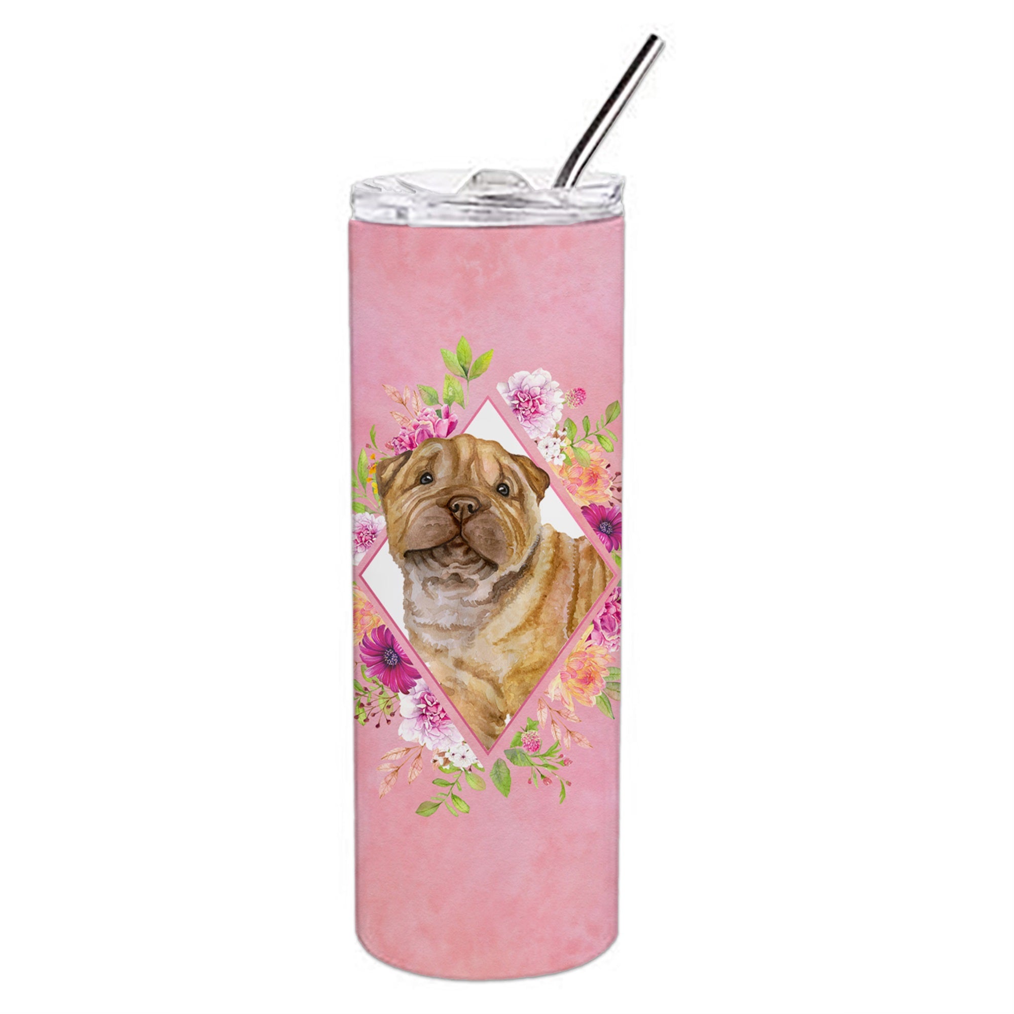 Shar Pei Pink Flowers Double Walled Stainless Steel 20 Oz Skinny Tumbler