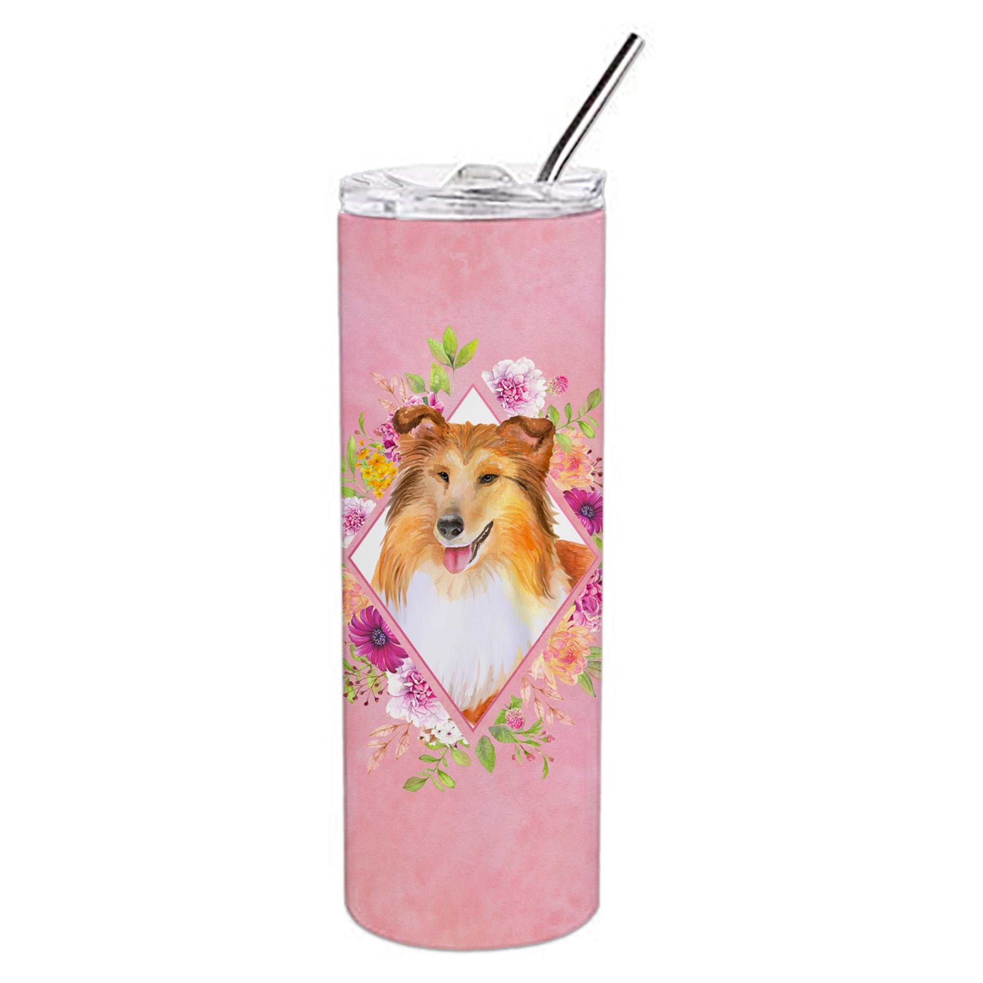 Sheltie Shetland Sheepdog Pink Flowers Double Walled Stainless Steel 20 Oz Skinny Tumbler