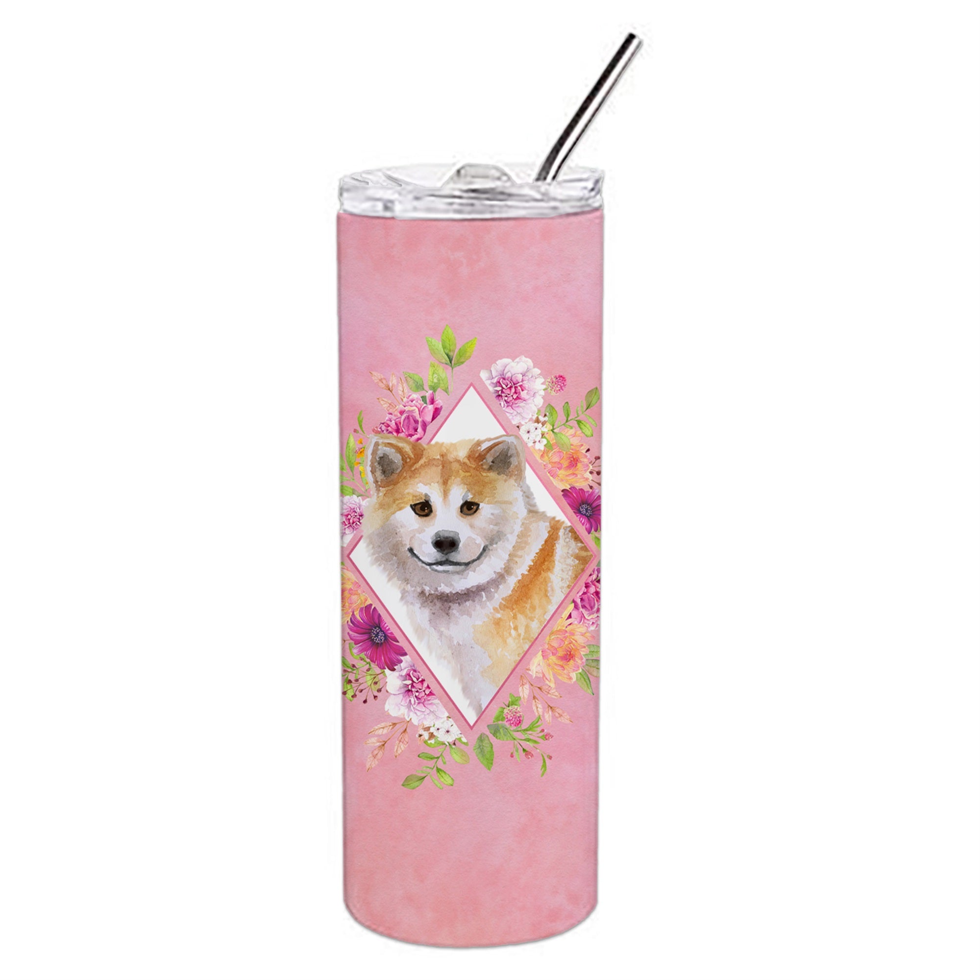Shiba Inu Pink Flowers Double Walled Stainless Steel 20 Oz Skinny Tumbler
