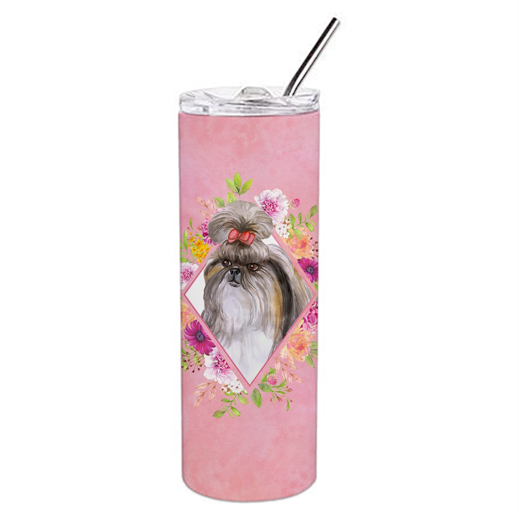 Shih Tzu Pink Flowers Double Walled Stainless Steel 20 Oz Skinny Tumbler