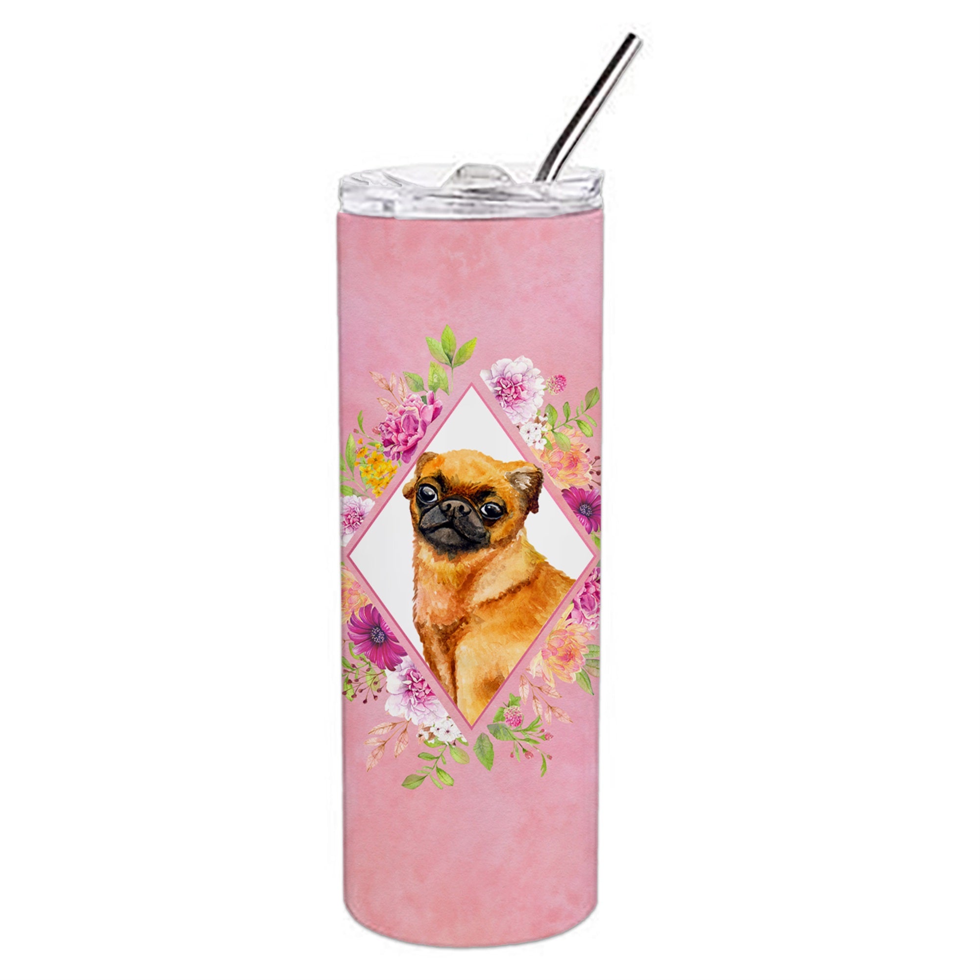 Brabant Griffon Pink Flowers Double Walled Stainless Steel 20 Oz Skinny Tumbler