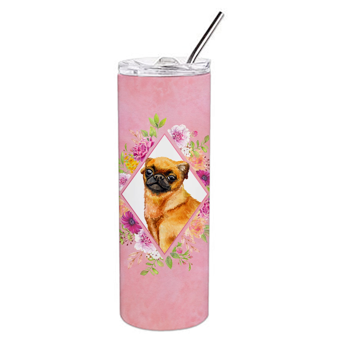 Brabant Griffon Pink Flowers Double Walled Stainless Steel 20 Oz Skinny Tumbler