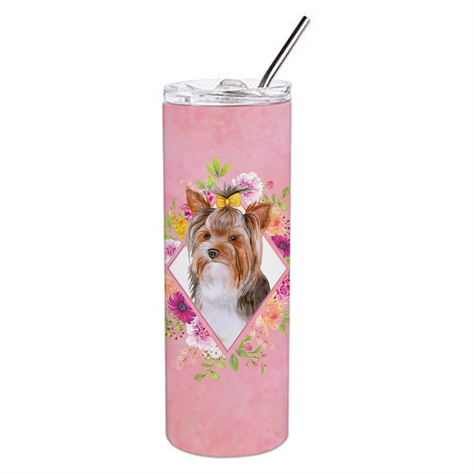 Yorkshire Terrier #1 Pink Flowers Double Walled Stainless Steel 20 Oz Skinny Tumbler