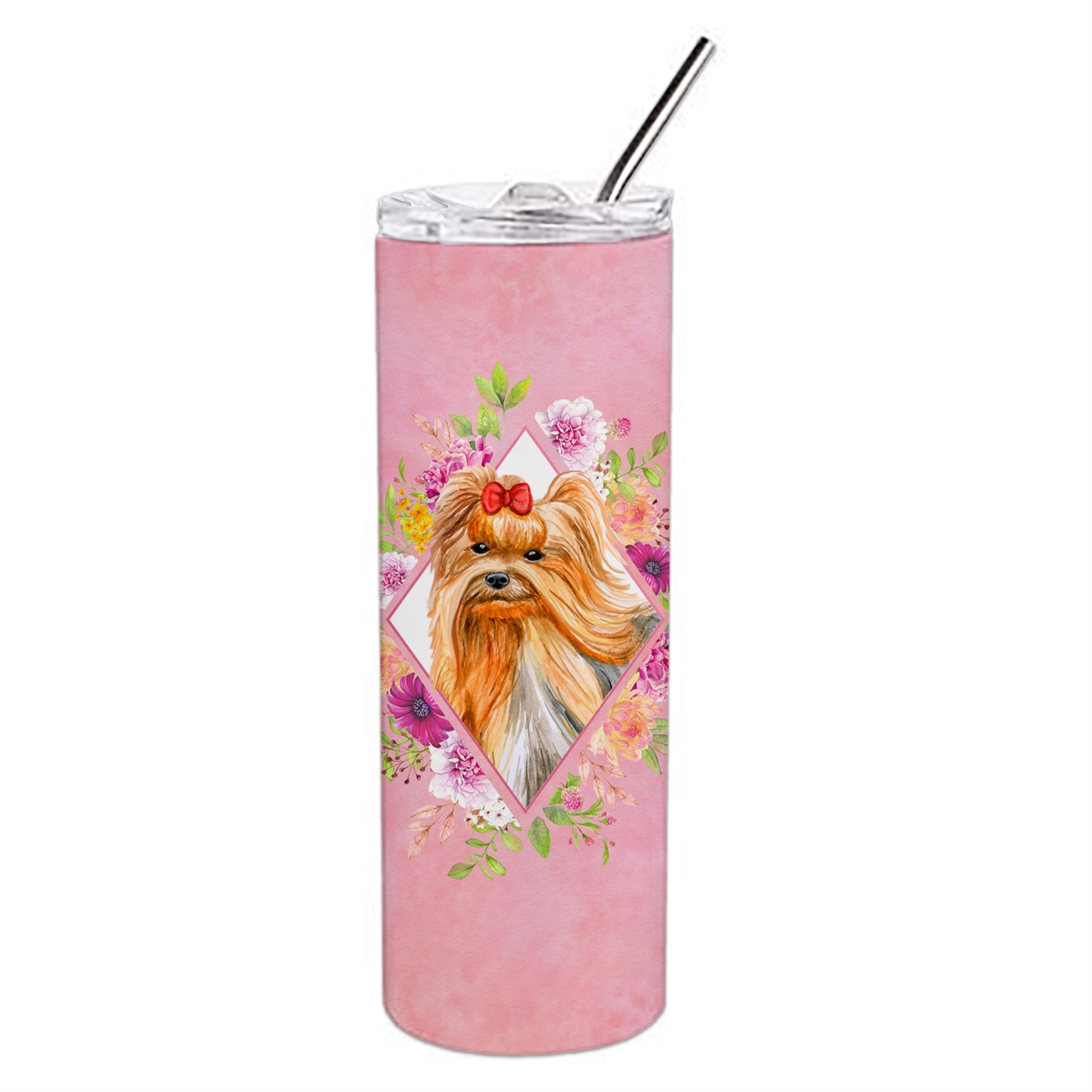 Yorkshire Terrier #2 Pink Flowers Double Walled Stainless Steel 20 Oz Skinny Tumbler