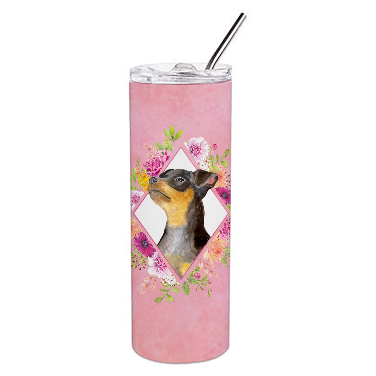 Black Miniature Pinscher Pink Flowers Double Walled Stainless Steel 20 Oz Skinny Tumbler