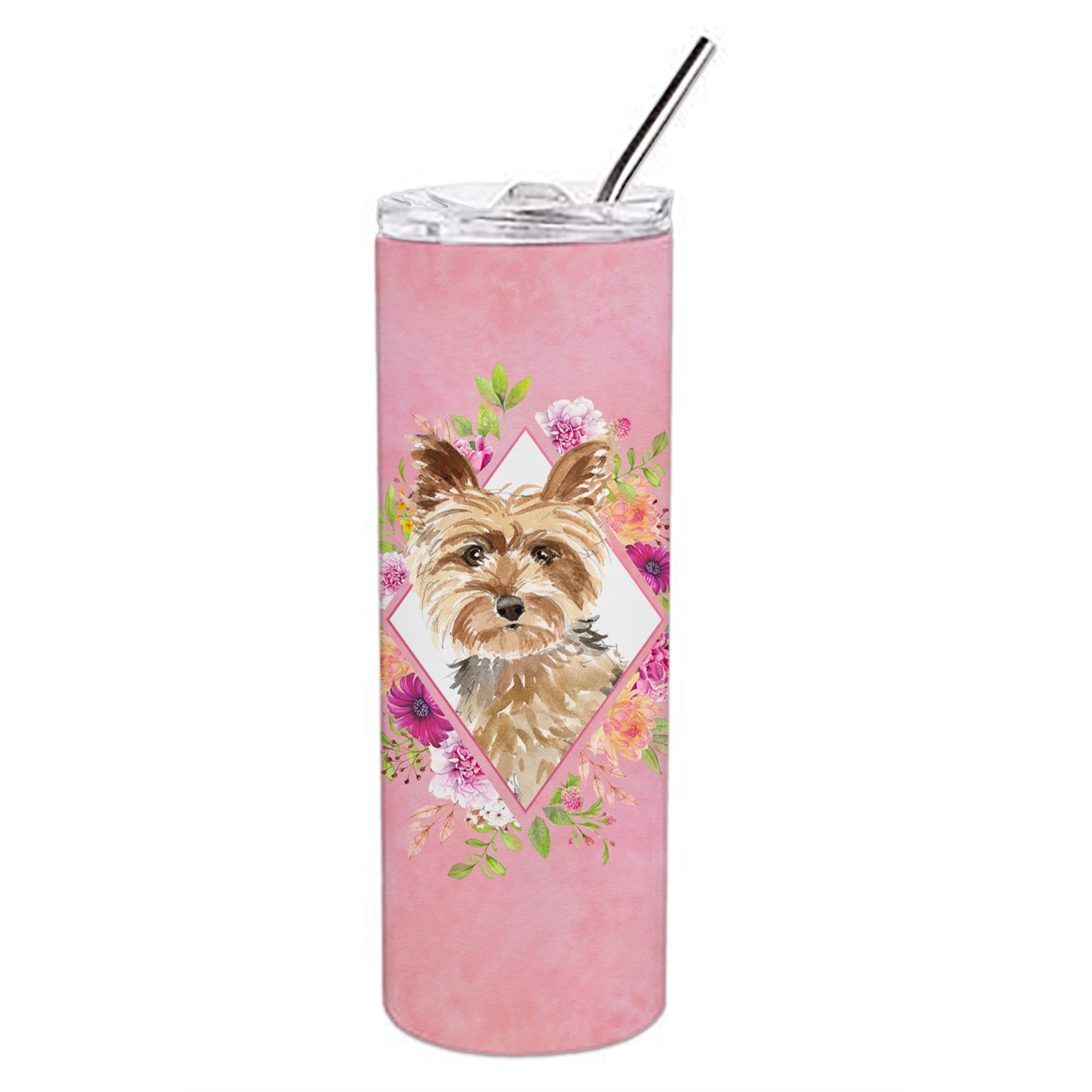 Yorkie Pink Flowers Double Walled Stainless Steel 20 Oz Skinny Tumbler
