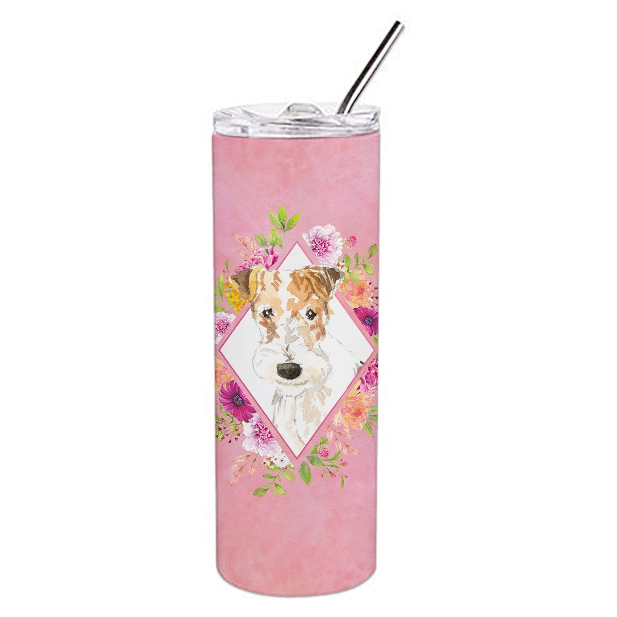 Fox Terrier Pink Flowers Double Walled Stainless Steel 20 Oz Skinny Tumbler