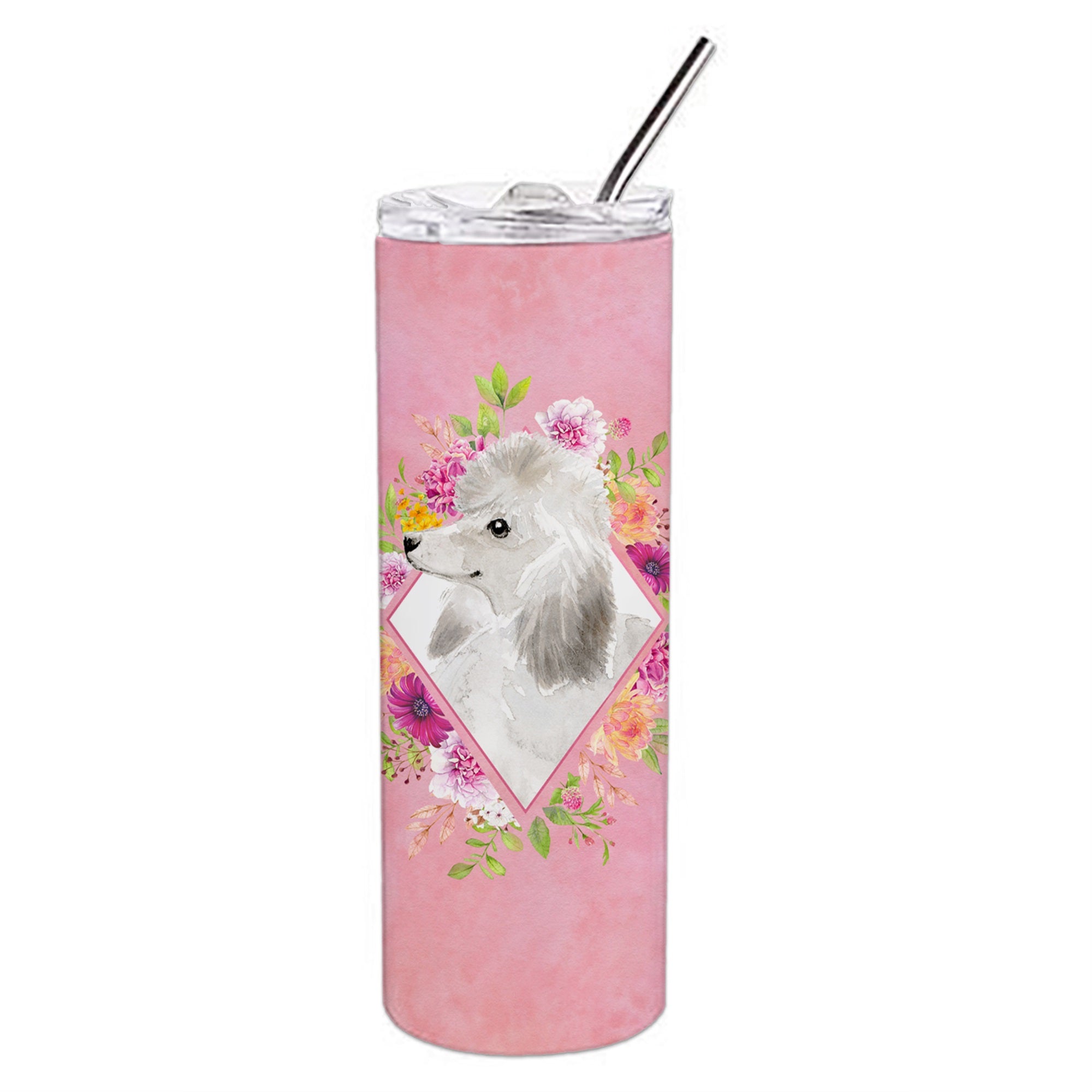 White Standard Poodle Pink Flowers Double Walled Stainless Steel 20 Oz Skinny Tumbler