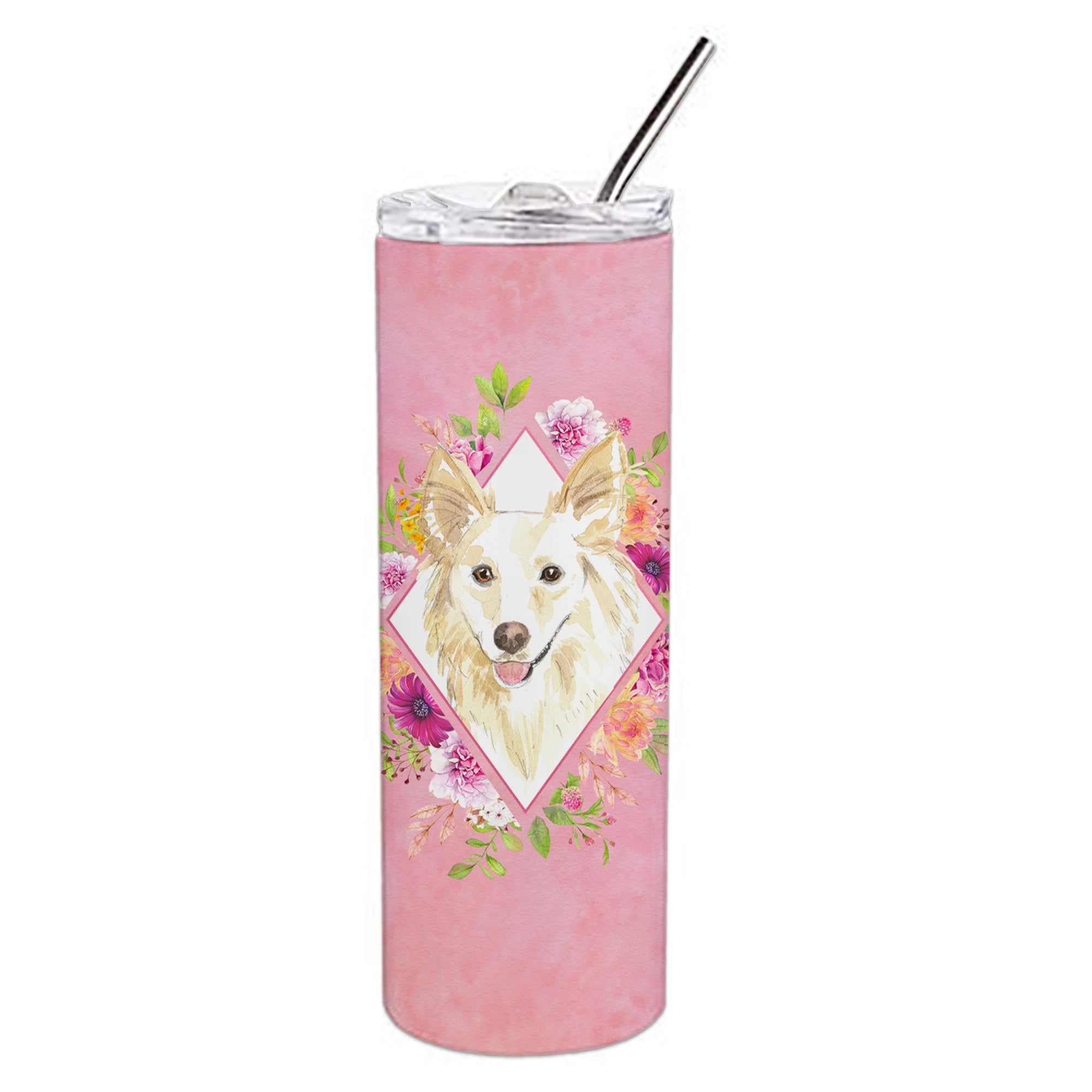 White Collie Pink Flowers Double Walled Stainless Steel 20 Oz Skinny Tumbler