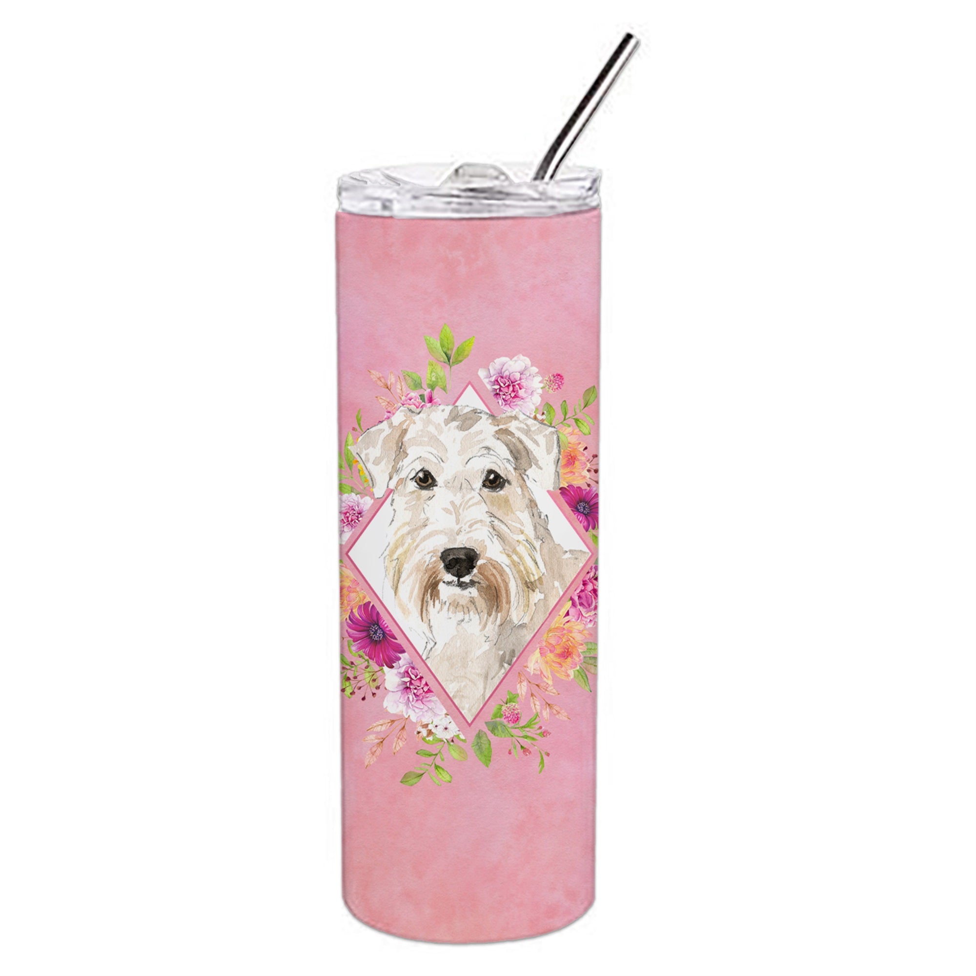 Wheaten Terrier Pink Flowers Double Walled Stainless Steel 20 Oz Skinny Tumbler