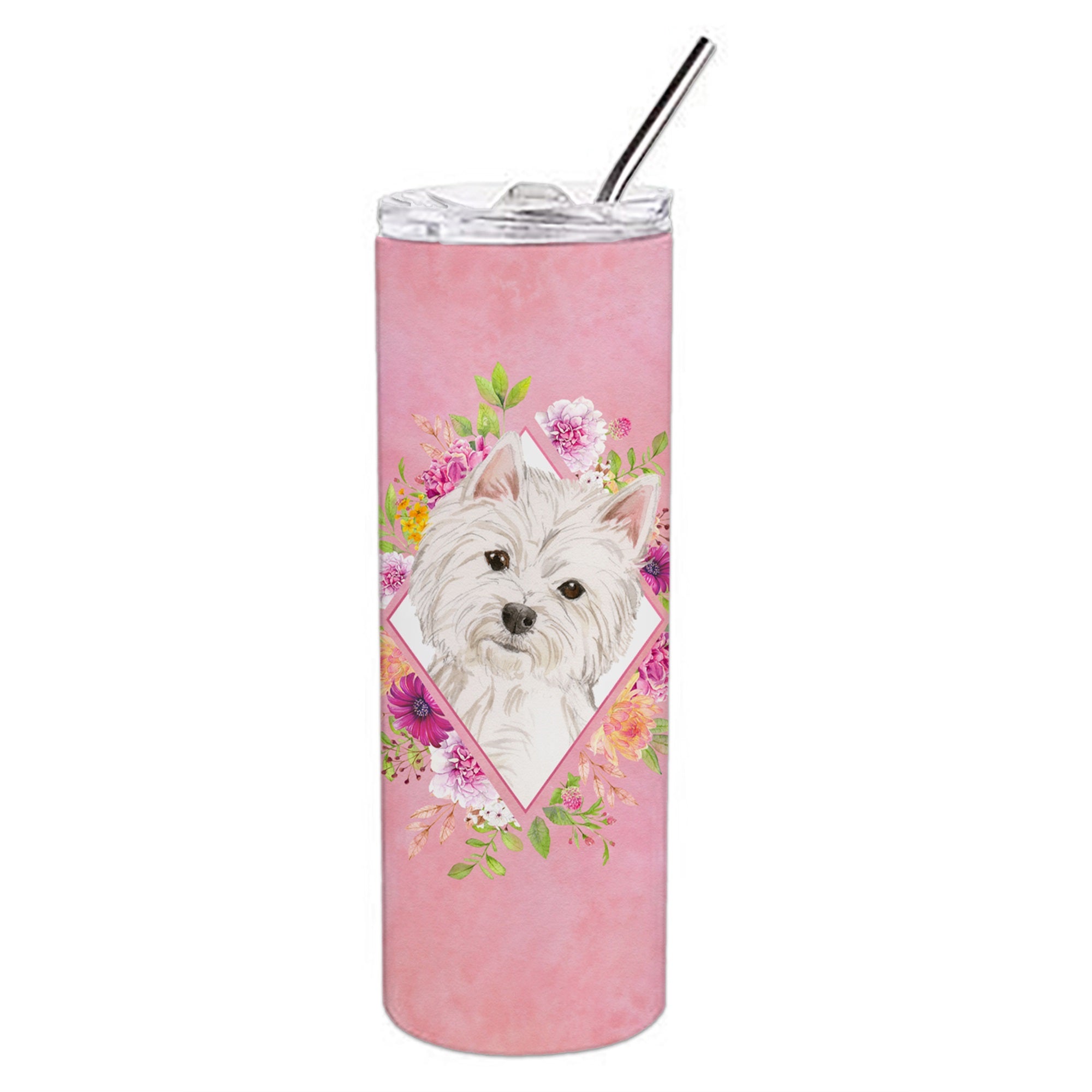 Westie  Pink Flowers Double Walled Stainless Steel 20 Oz Skinny Tumbler
