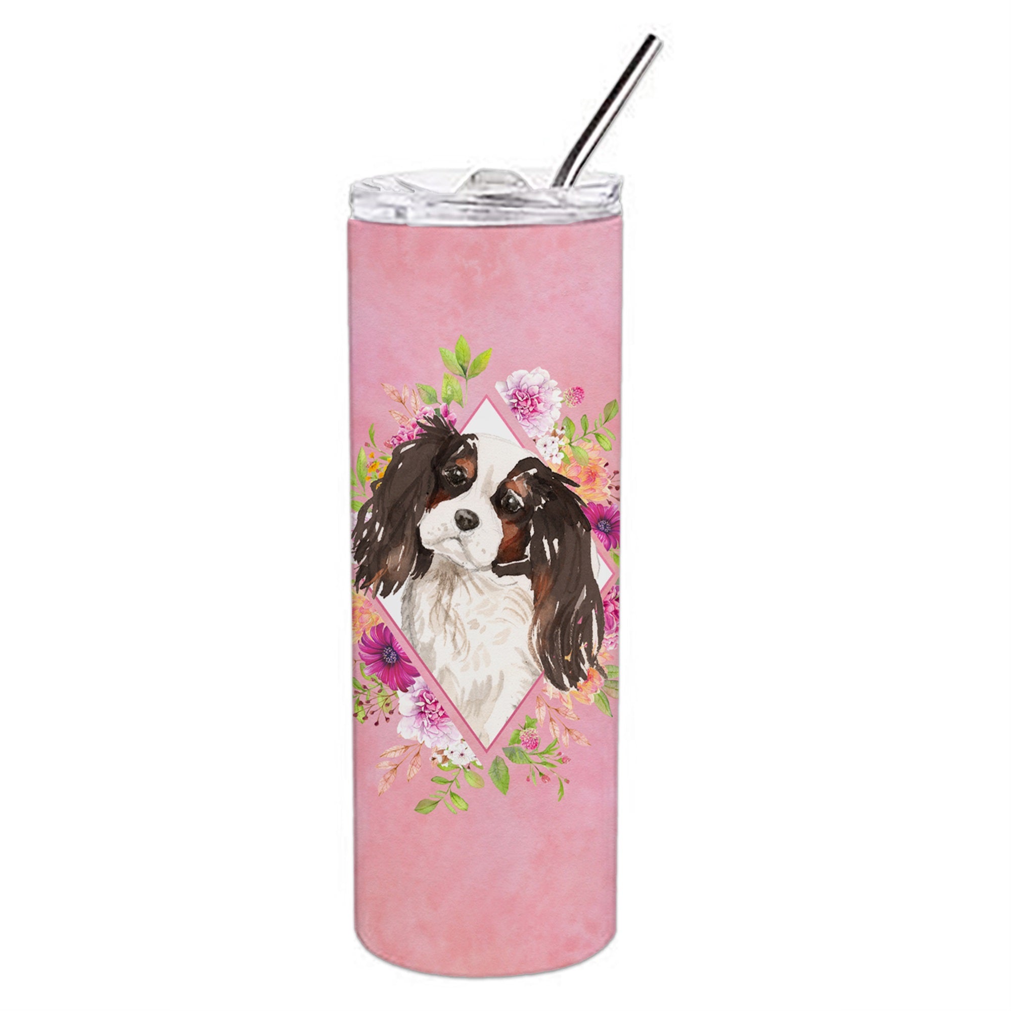 Tricolor Cavalier Spaniel Pink Flowers Double Walled Stainless Steel 20 Oz Skinny Tumbler