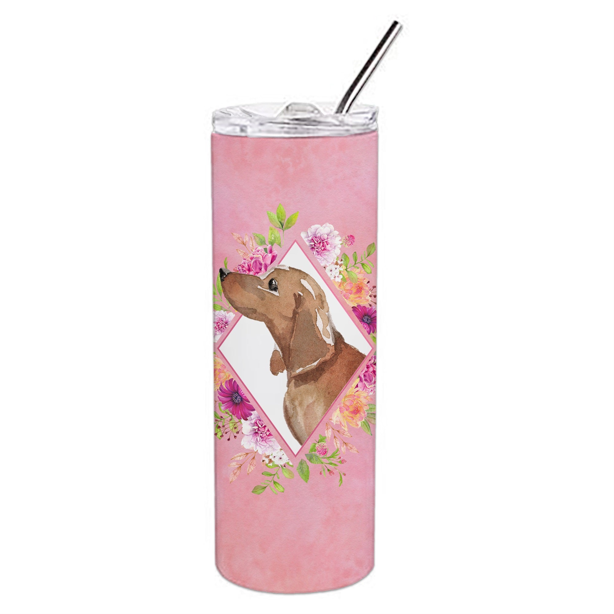 Dachshund Pink Flowers Double Walled Stainless Steel 20 Oz Skinny Tumbler