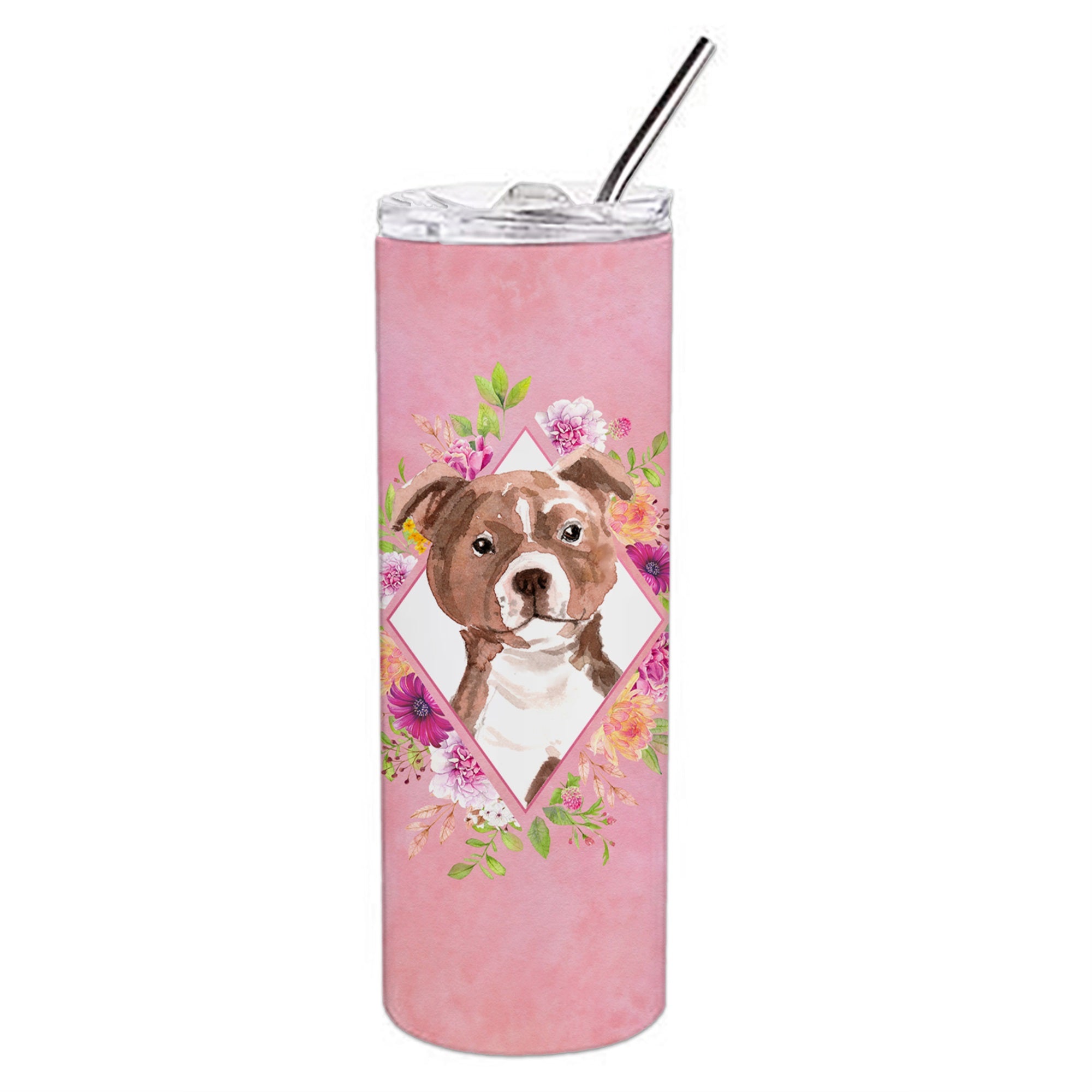 Staffie Bull Terrier Pink Flowers Double Walled Stainless Steel 20 Oz Skinny Tumbler