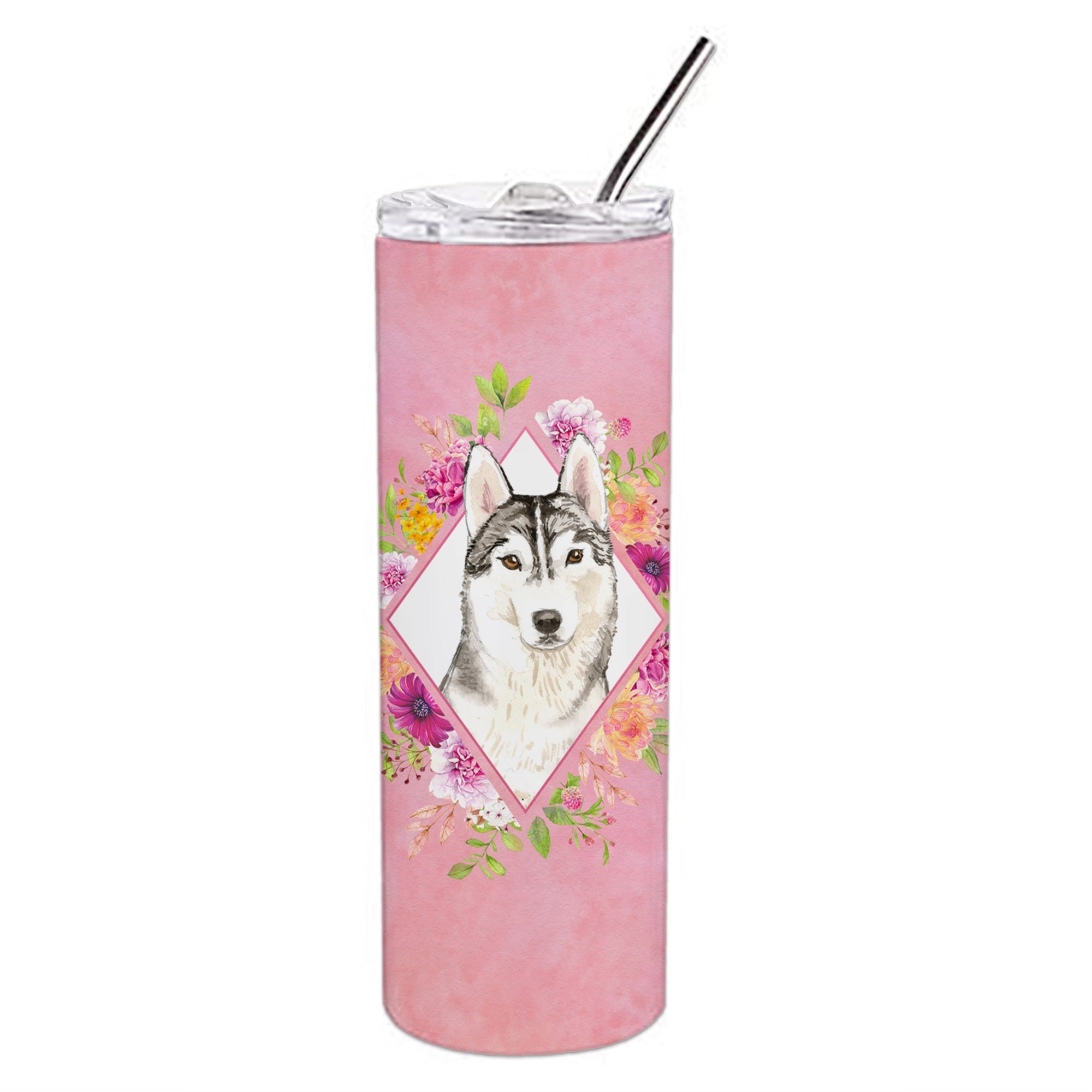 Siberian Husky Pink Flowers Double Walled Stainless Steel 20 Oz Skinny Tumbler