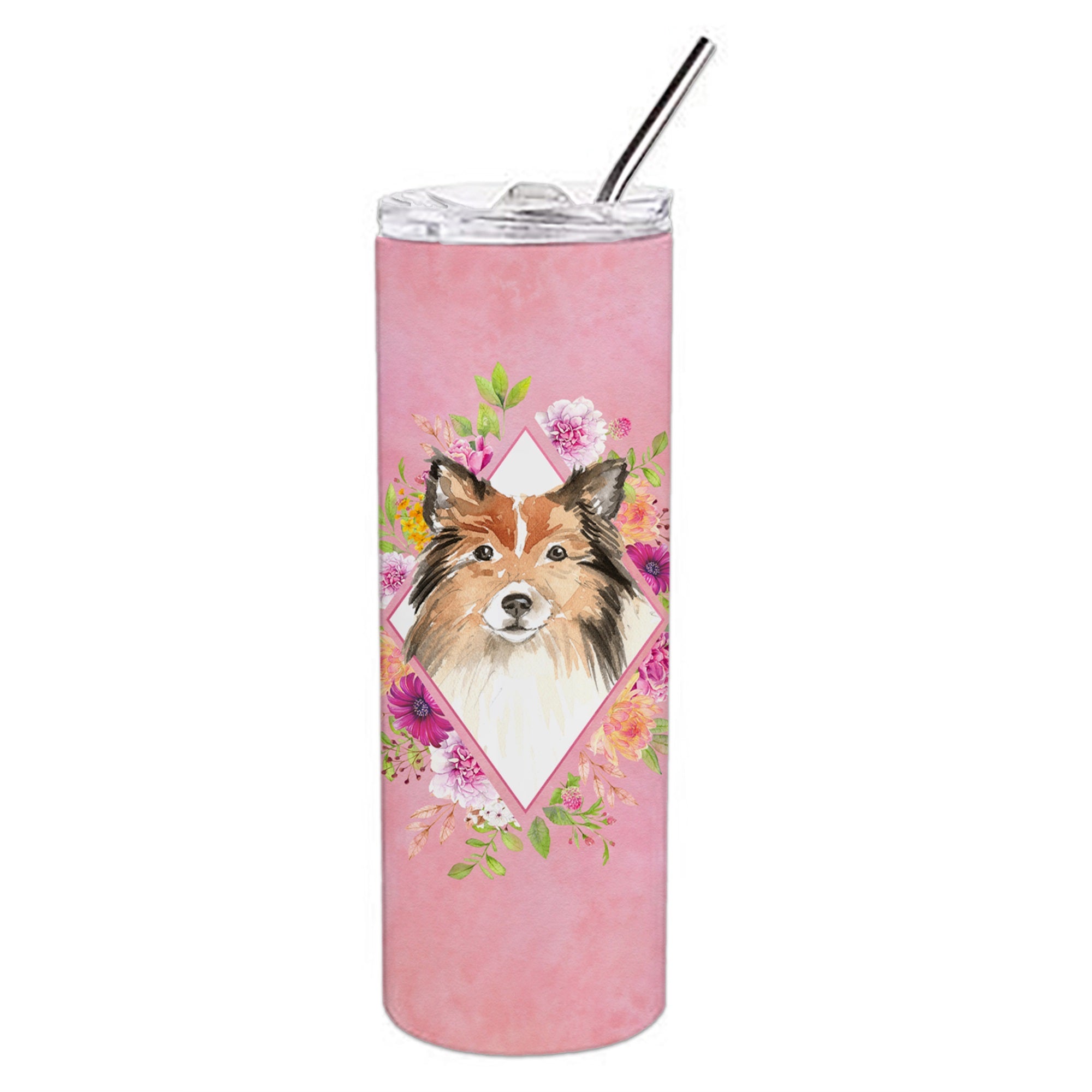 Sheltie Pink Flowers Double Walled Stainless Steel 20 Oz Skinny Tumbler
