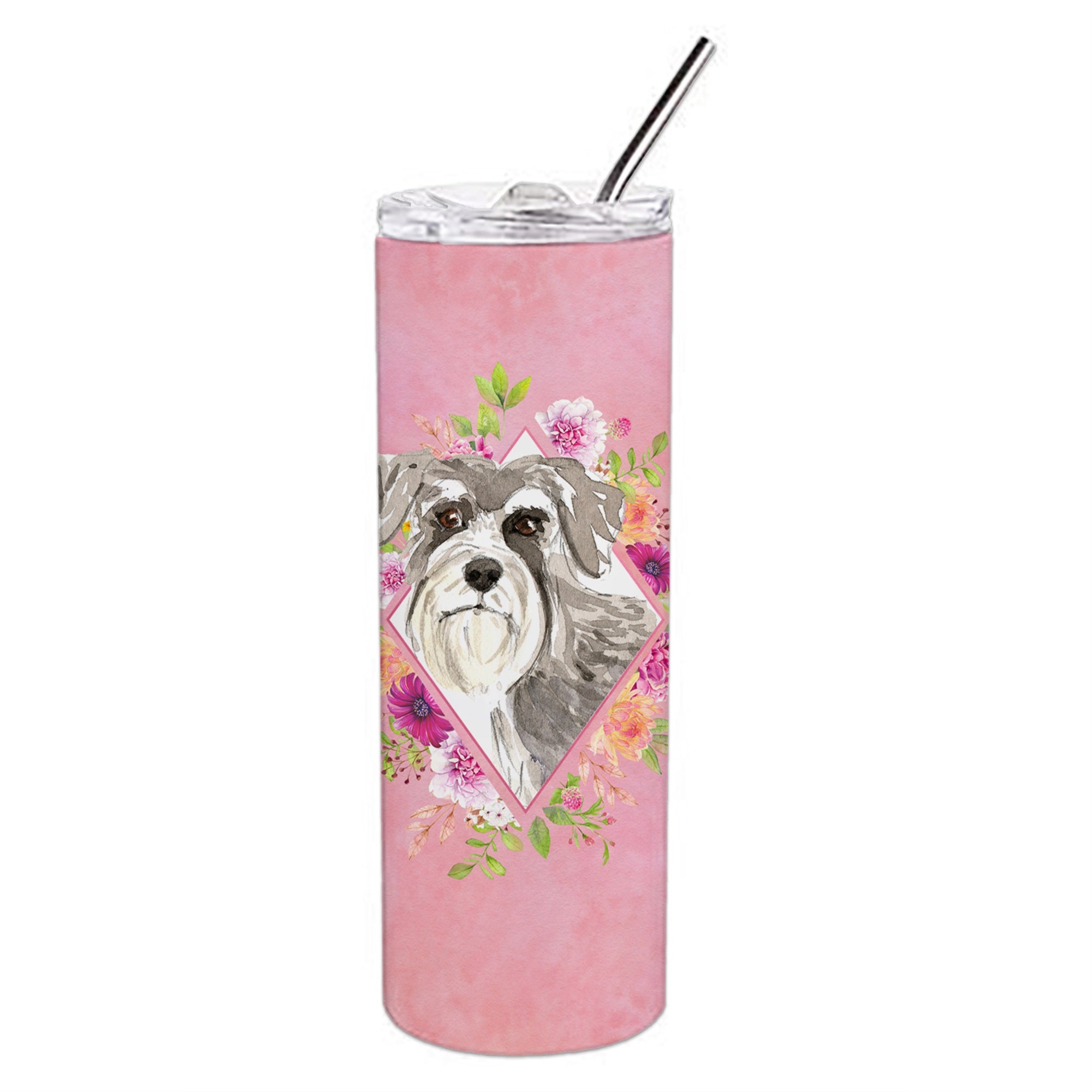 Schnauzer #1 Pink Flowers Double Walled Stainless Steel 20 Oz Skinny Tumbler