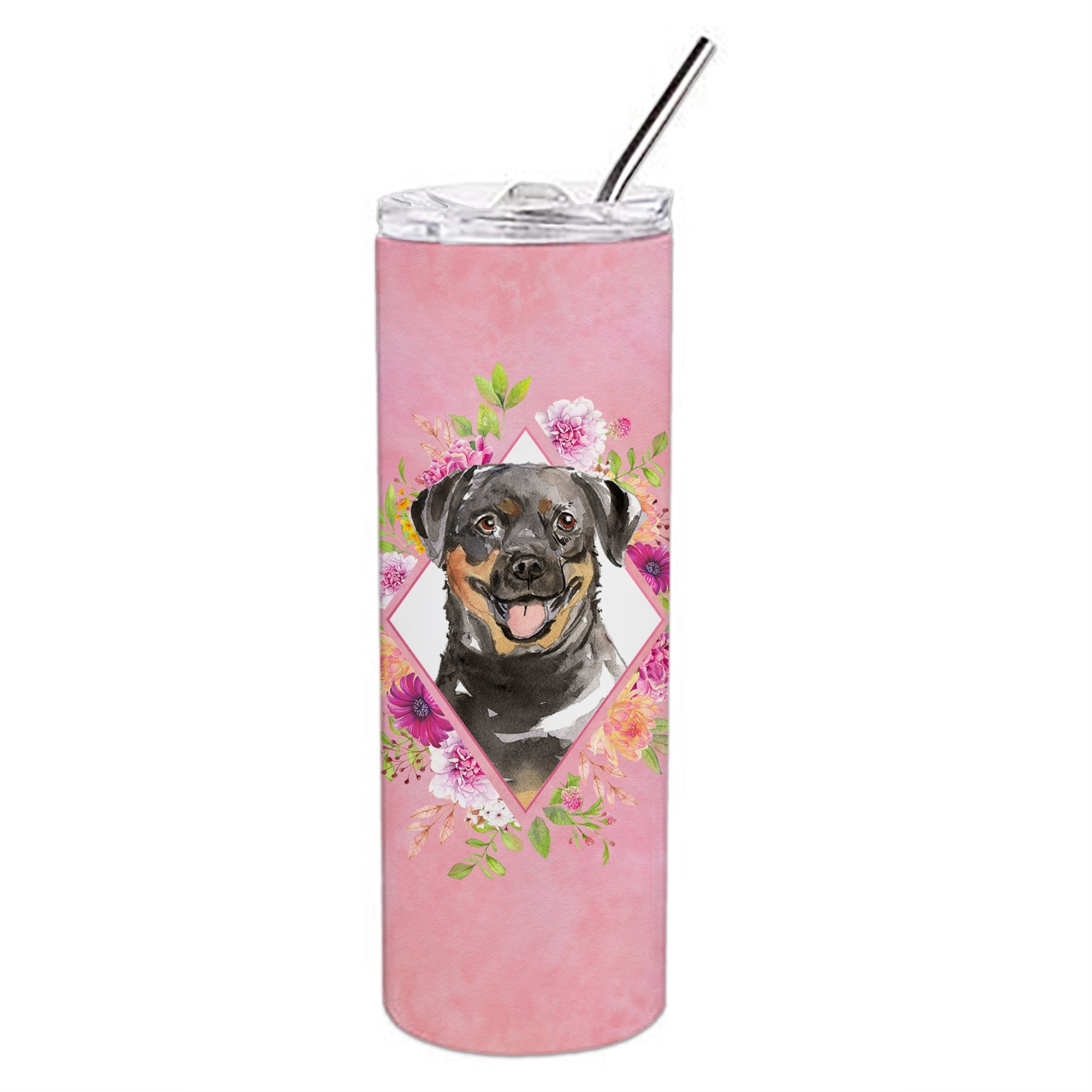 Rottweiler Pink Flowers Double Walled Stainless Steel 20 Oz Skinny Tumbler
